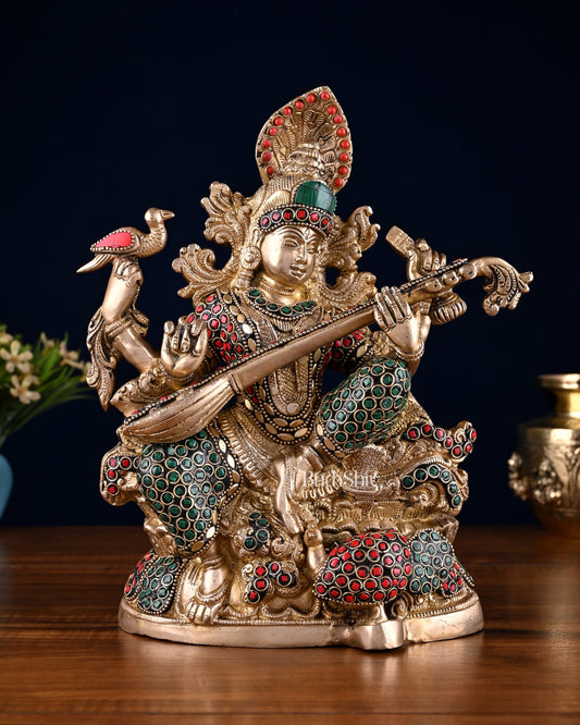 Saraswati brass idol 11 inches multi colour stonework - Sama Homes Idol - Brass Sculpture
