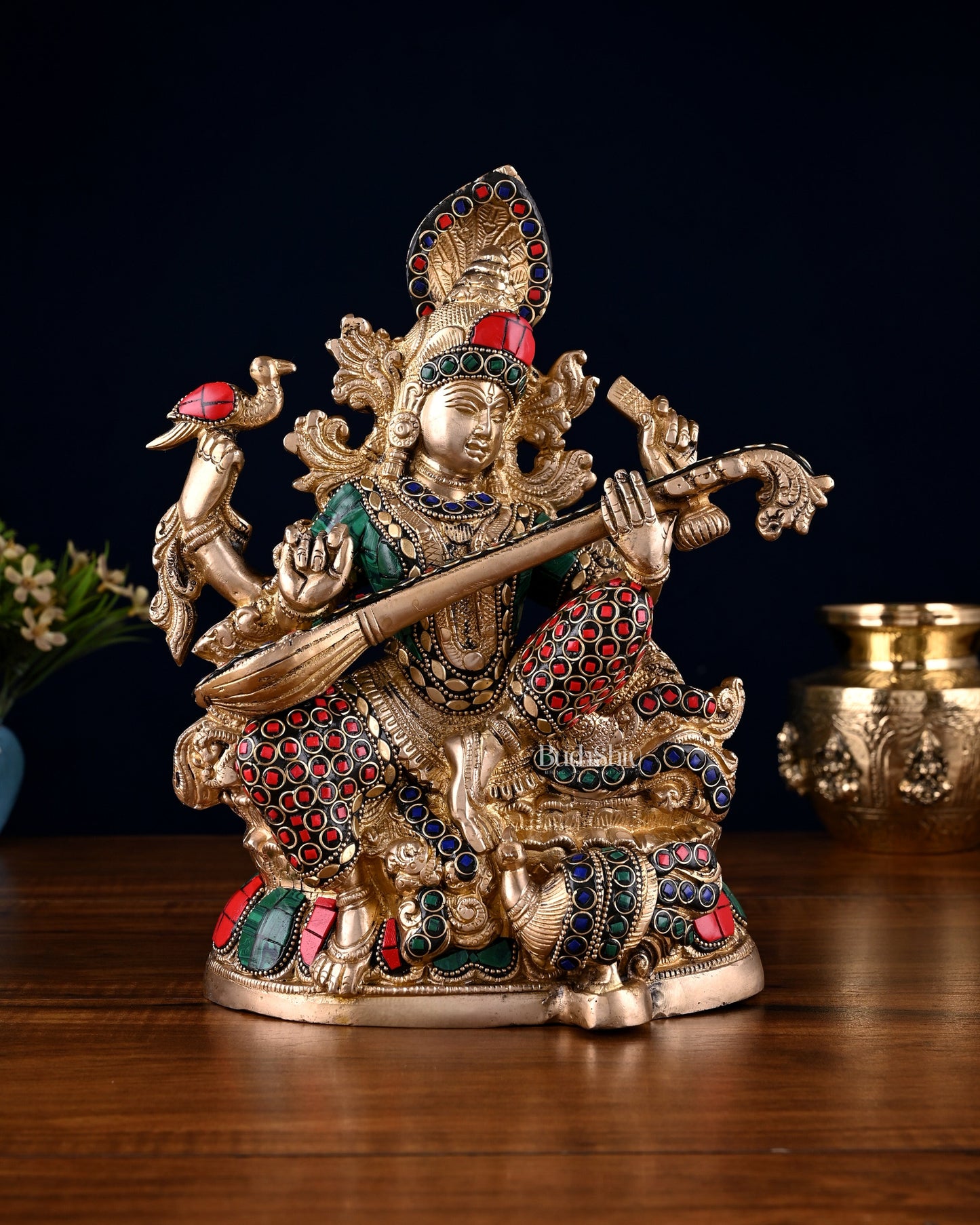 Saraswati brass idol 11 inch stonework - Sama Homes Idol - Brass Sculpture
