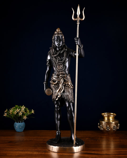 Brass Standing Shiva Statue – Black Edition with Trishul & Damru | 26" | 100% Certified Copper & Brass - Sama Homes Idol - Brass Sculpture
