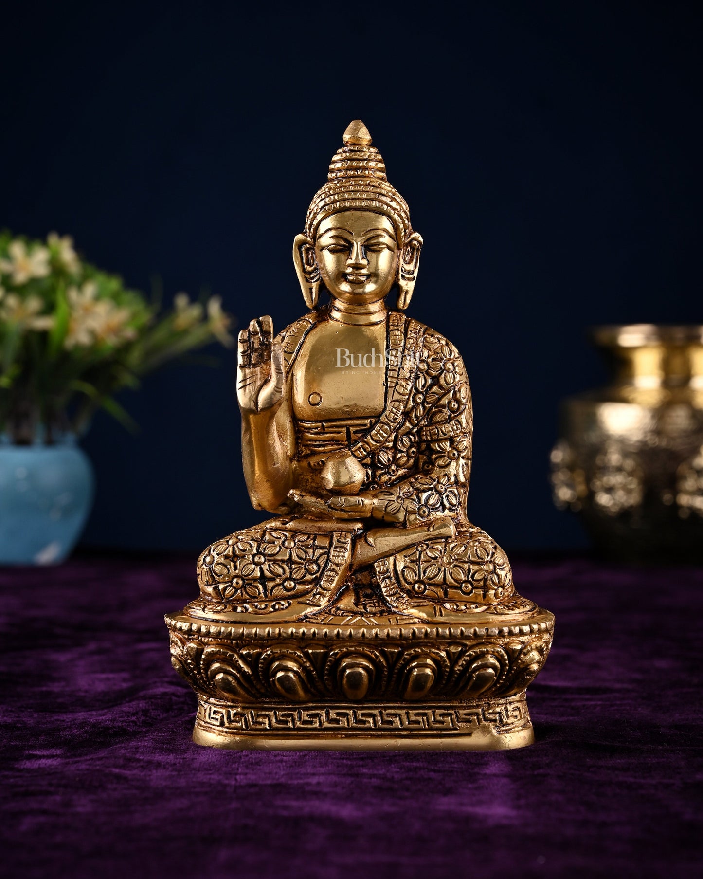 Brass blessing Buddha Idol antique tone | 7" | 100% Certified Copper & Brass - Sama Homes Idol - Brass Sculpture