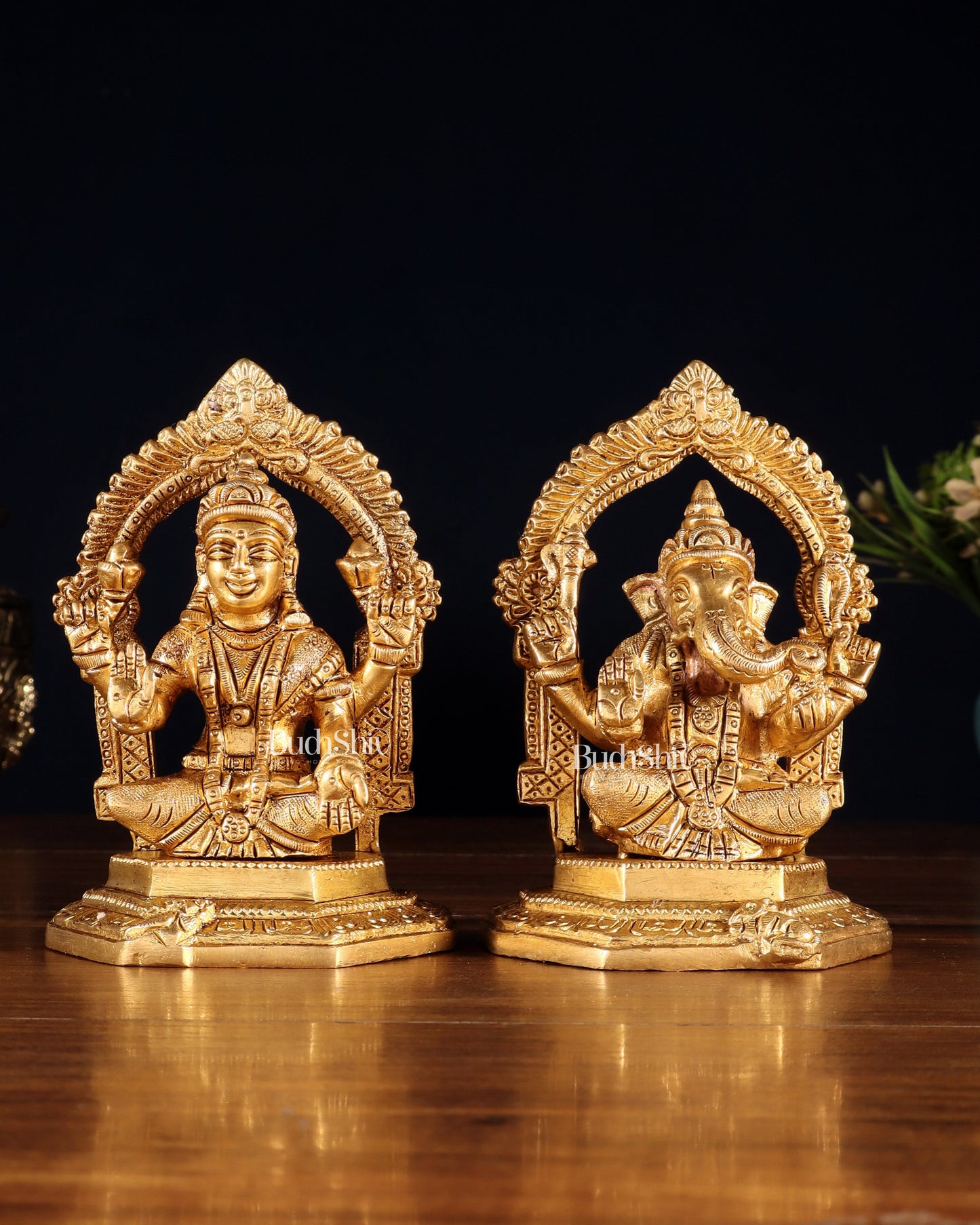 Pure Brass Lord Ganesha & Goddess Lakshmi Idols – Handcrafted Divine Pair 5" - Sama Homes Idol - Brass Sculpture