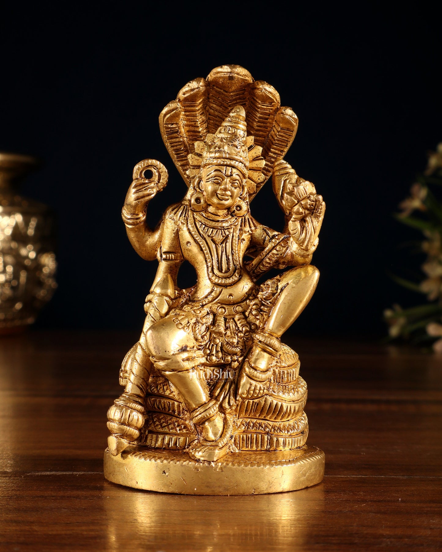 Brass Lord Vishnu Seated on Sheshanaaga – Handcrafted Idol 4.5" | 100% Certified Copper & Brass - Sama Homes Idol - Brass Sculpture