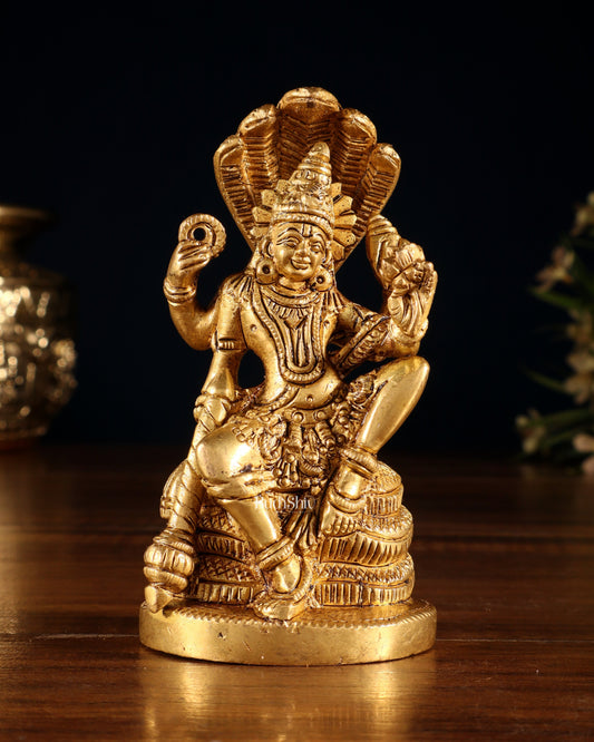 Brass Lord Vishnu Seated on Sheshanaaga – Handcrafted Idol 4.5" | 100% Certified Copper & Brass - Sama Homes Idol - Brass Sculpture