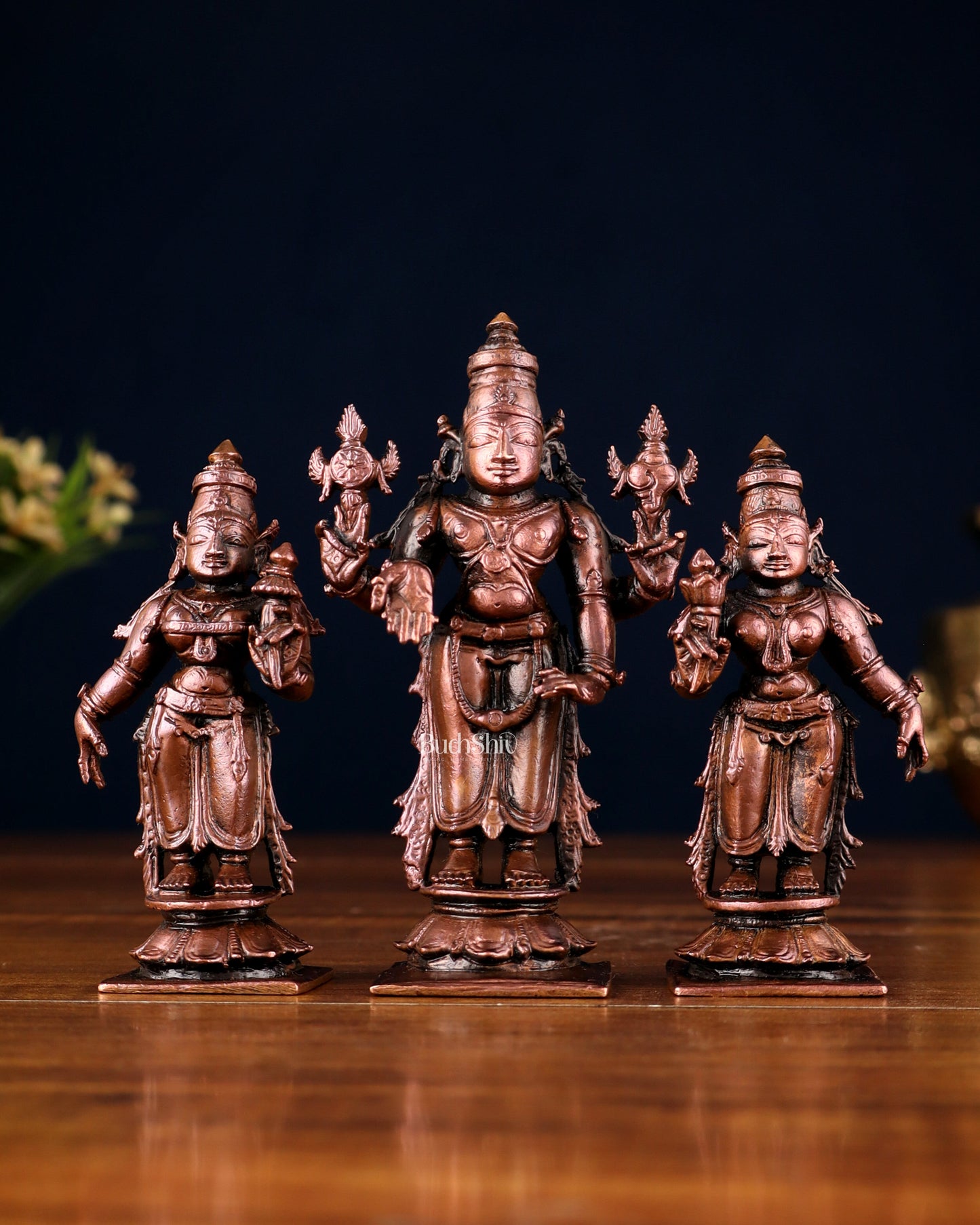 Pure Copper Tirupati Balaji Kalyana Murti Set – Vishnu with Bhudevi & Sridevi 4" - Sama Homes Idol - Brass Sculpture