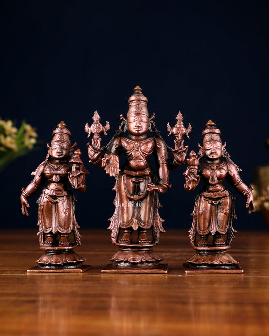 Pure Copper Tirupati Balaji Kalyana Murti Set – Vishnu with Bhudevi & Sridevi 4" - Sama Homes Idol - Brass Sculpture