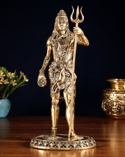 Brass Superfine Standing Lord Shiva Idol with Trishul & Damru 11" - Sama Homes Idol - Brass Sculpture