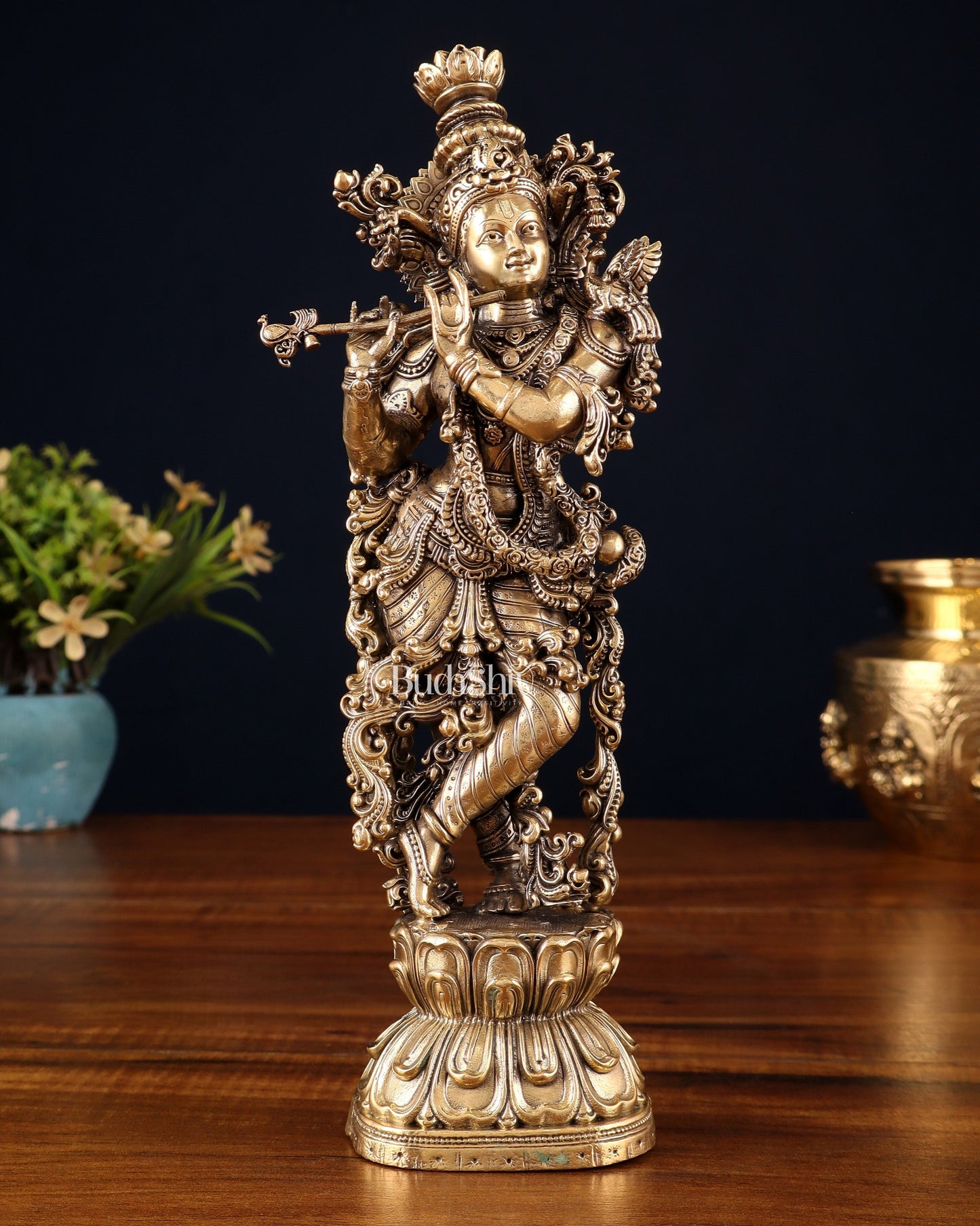 Pure Brass Superfine Lord Krishna Intricate Idol 12" - Sama Homes Idol - Brass Sculpture