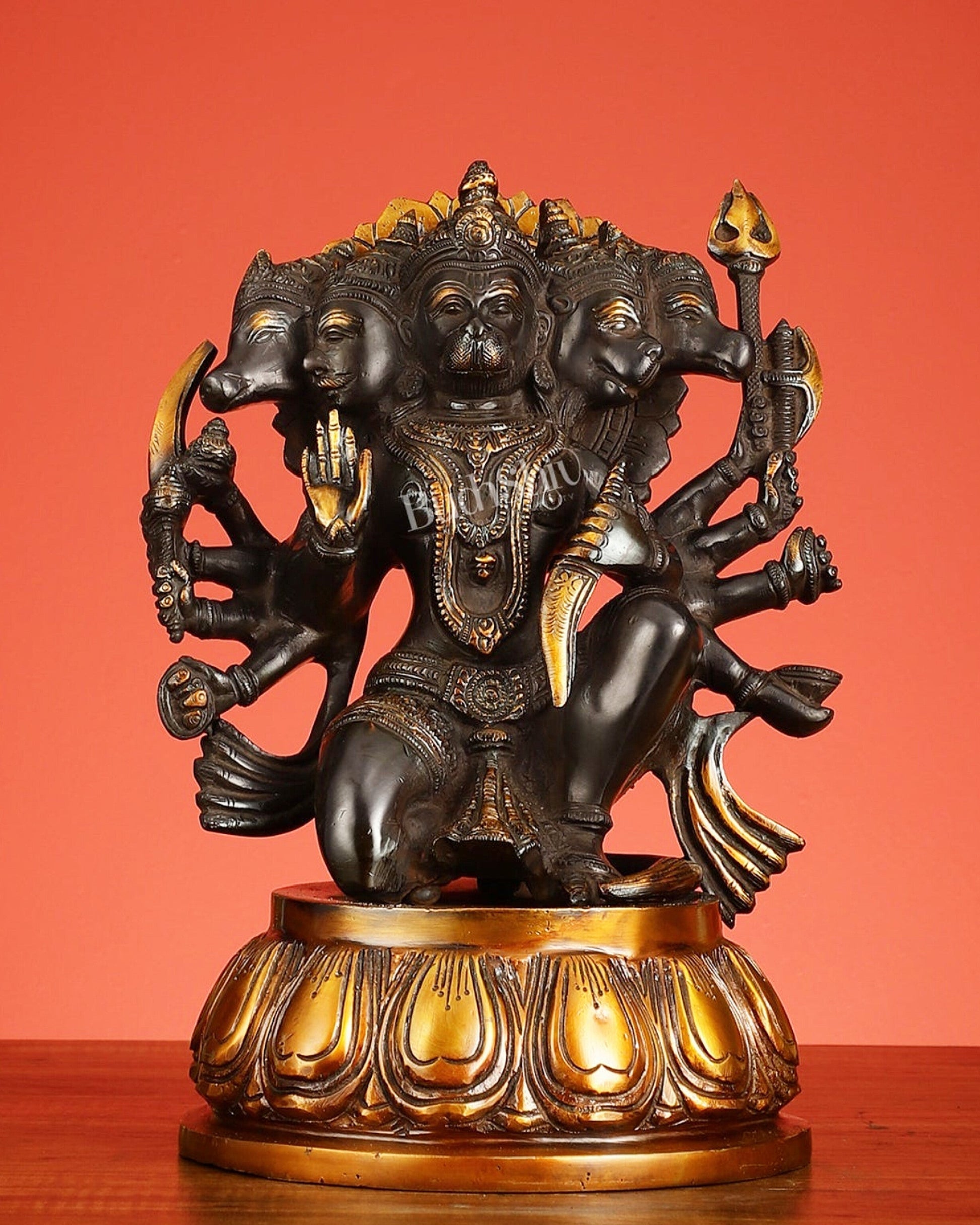 Brass Superfine Panchmukhi Hanuman Idol – Five-Faced Form in Black & Gold Finish 13" - Sama Homes Idol - Brass Sculpture - Eco-friendly - Sama Homes