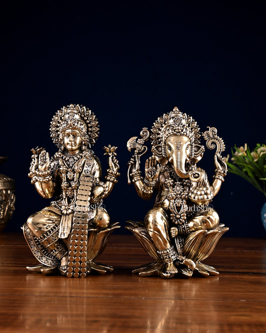 Brass Superfine Ganesha Lakshmi Idol Pair – 7 Inch | 100% Certified Copper & Brass - Sama Homes Idol - Brass Sculpture