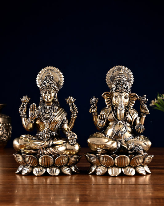 Brass Superfine Ganesha Lakshmi Idol Pair – 7 Inch | 100% Certified Copper & Brass - Sama Homes Idol - Brass Sculpture