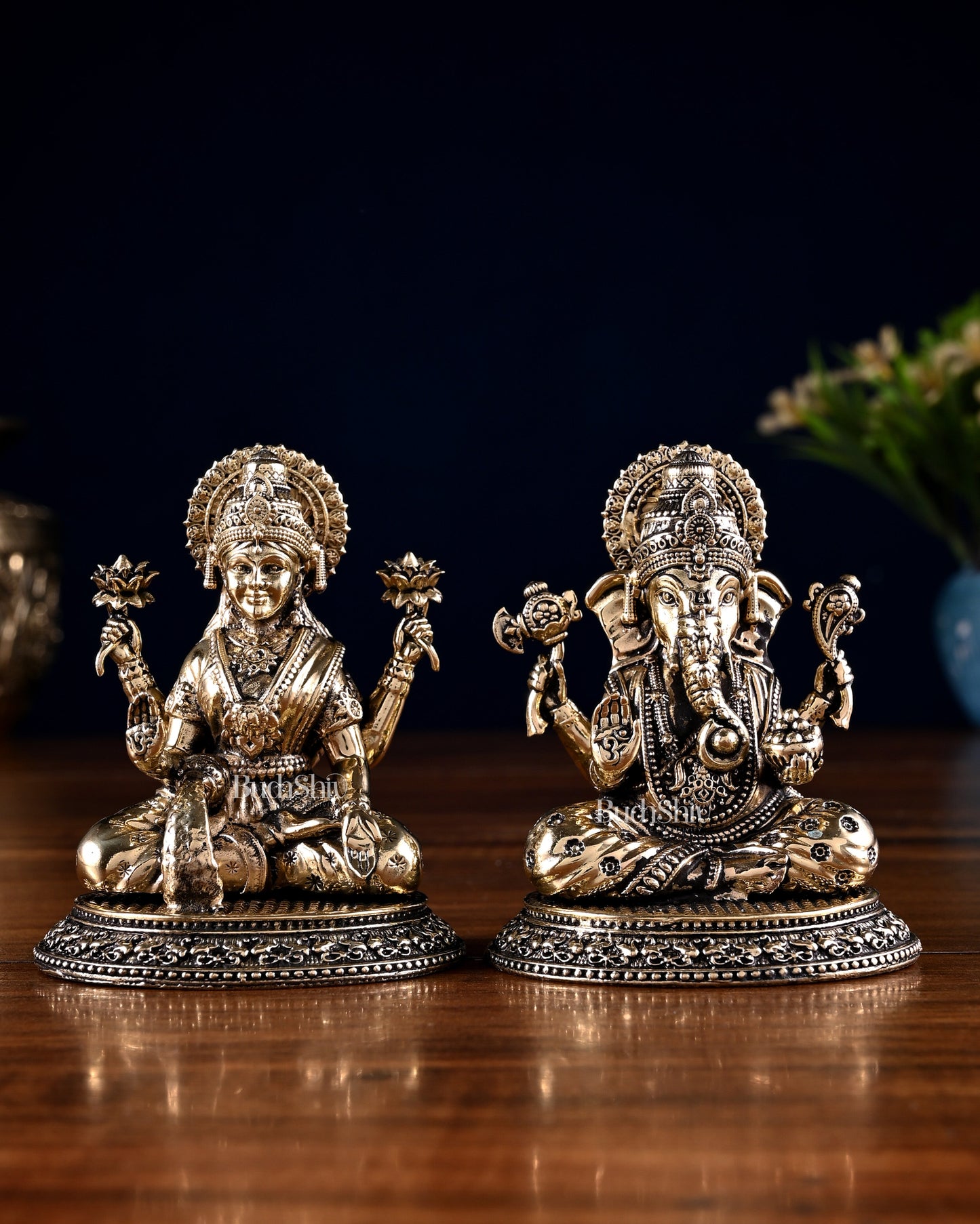 Brass Ganesha Lakshmi Idol Pair – 3.5 Inch | 100% Certified Copper & Brass - Sama Homes Idol - Brass Sculpture