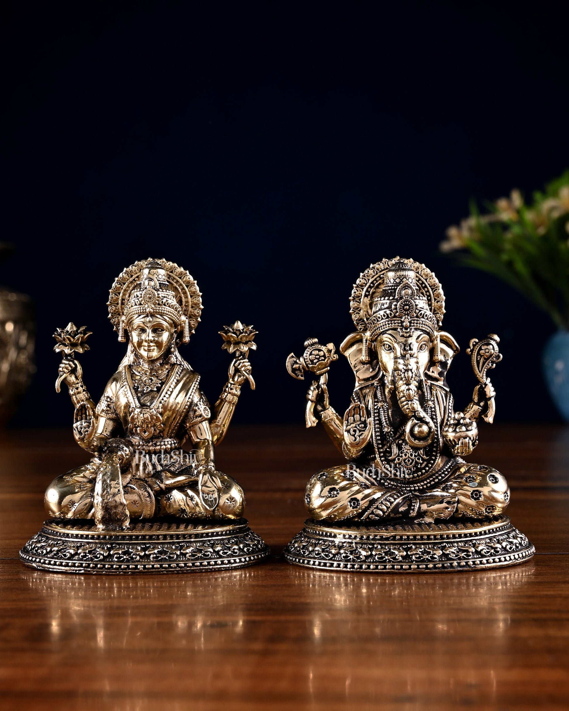 Brass Ganesha Lakshmi Idol Pair – 3.5 Inch | 100% Certified Copper & Brass - Sama Homes Idol - Brass Sculpture - Eco-friendly - Sama Homes