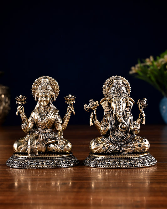 Brass Ganesha Lakshmi Idol Pair – 3.5 Inch | 100% Certified Copper & Brass - Sama Homes Idol - Brass Sculpture