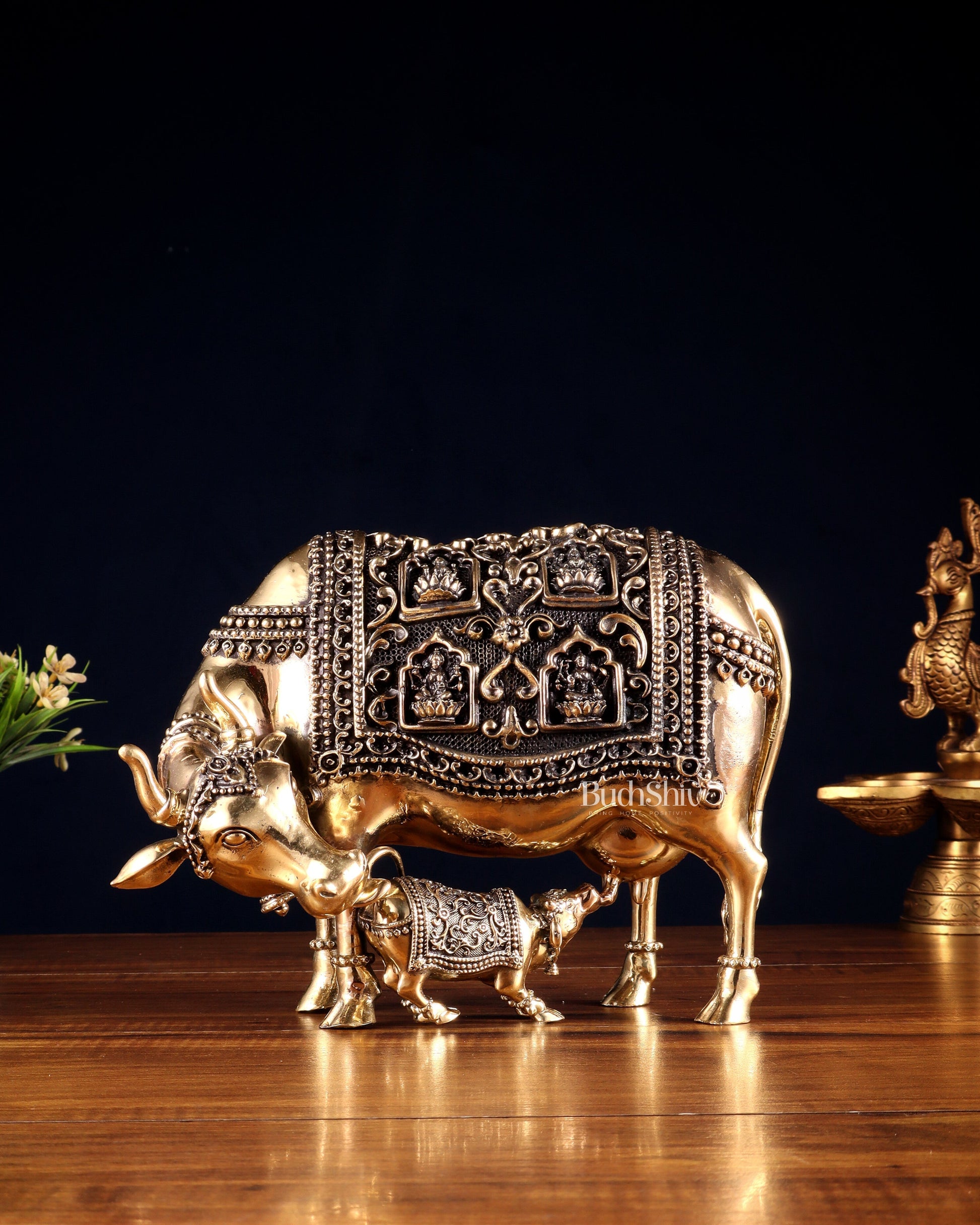 Superfine Brass Kamdhenu Cow with Calf – With Ganesha & Lakshmi Engravings 9" - Sama Homes Idol - Brass Sculpture - Eco-friendly - Sama Homes