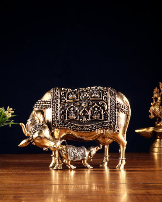 Superfine Brass Kamdhenu Cow with Calf – With Ganesha & Lakshmi Engravings 9" - Sama Homes Idol - Brass Sculpture