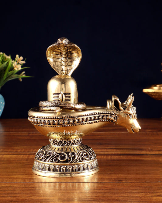 Pure Brass Superfine Shiva Ling with Nandi Face – 7.3" Height – Intricate Carving - Sama Homes Idol - Brass Sculpture