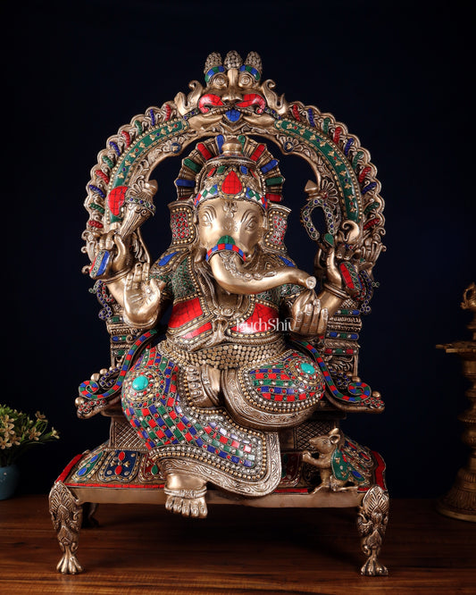 Brass Ganesha on King Size statue with stonework - 28" | 100% Certified Copper & Brass - Sama Homes Idol - Brass Sculpture