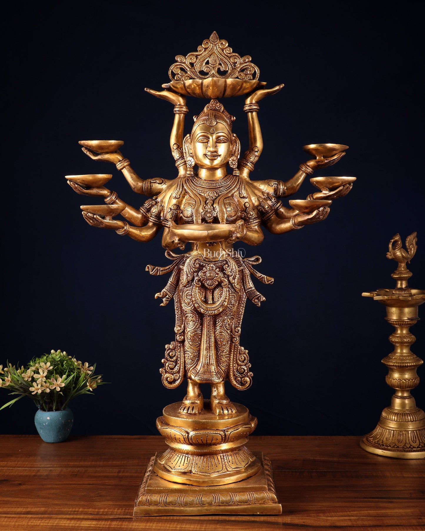 Brass Deep Lady with Ten arms - 27 inch tall | 100% Certified Copper & Brass - Sama Homes Idol - Brass Sculpture