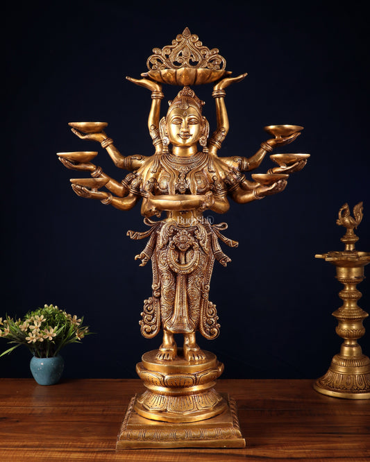 Brass Deep Lady with Ten arms - 27 inch tall | 100% Certified Copper & Brass - Sama Homes Idol - Brass Sculpture