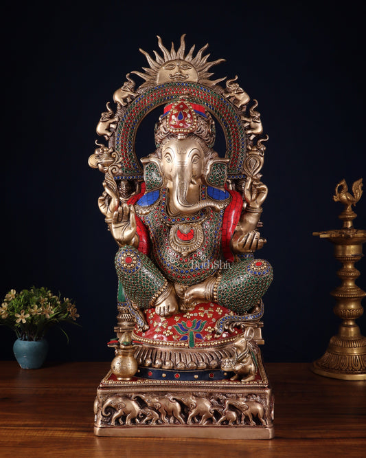 Brass Lord Ganesha Statue with Prabhavali 25 inch meenakari Stonework | 100% Certified Copper & Brass - Sama Homes Idol - Brass Sculpture