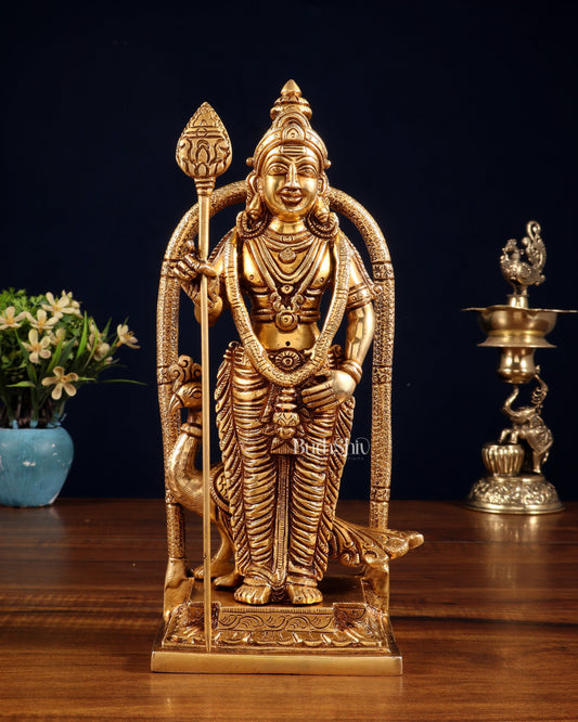 Pure Brass Lord Kartikeya Murugan Swamy Idol 9" - Sama Homes Idol - Brass Sculpture
