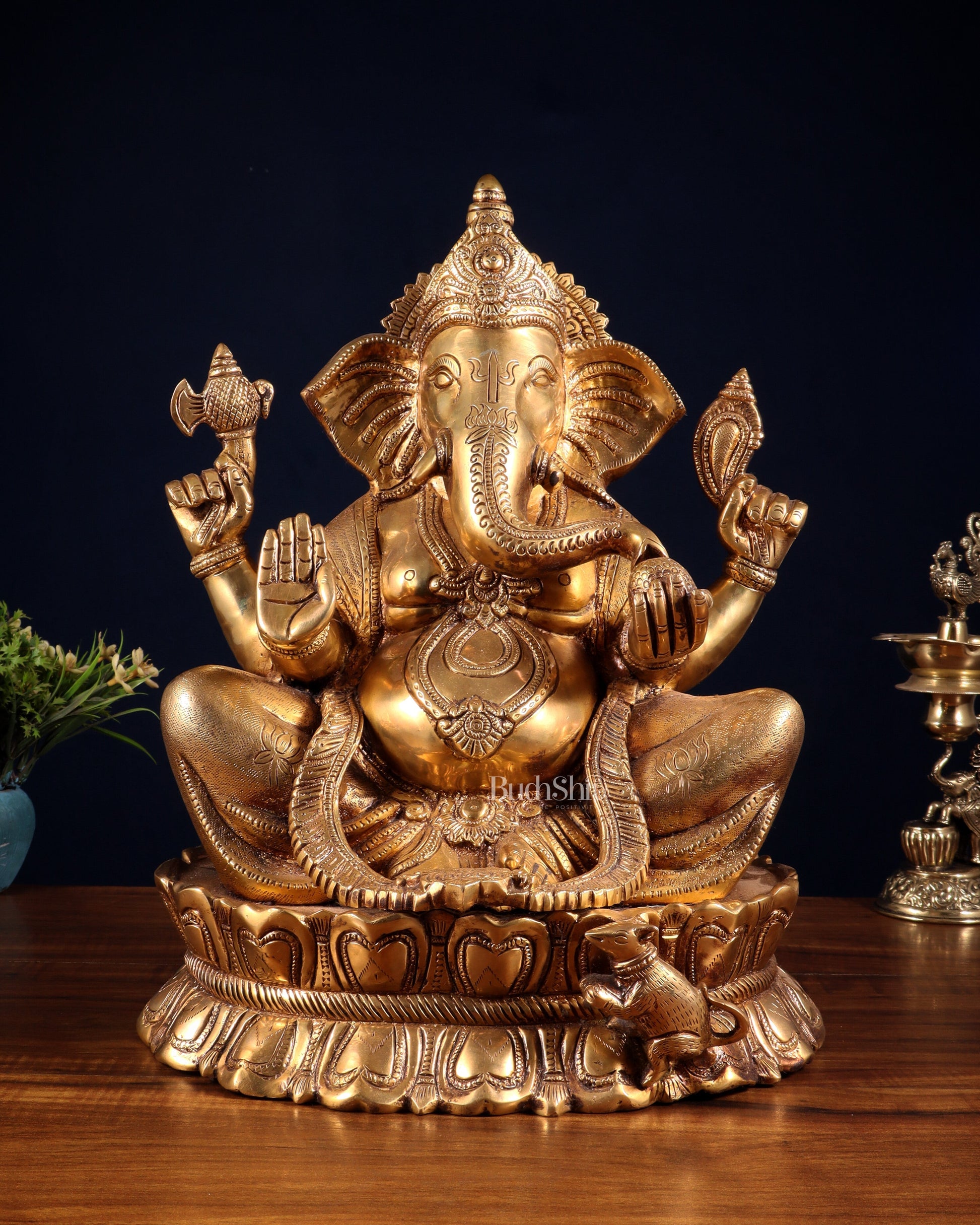 Brass Large Lord Ganesha Statue on Lotus Base 14" | 100% Certified Copper & Brass - Sama Homes Idol - Brass Sculpture - Eco-friendly - Sama Homes