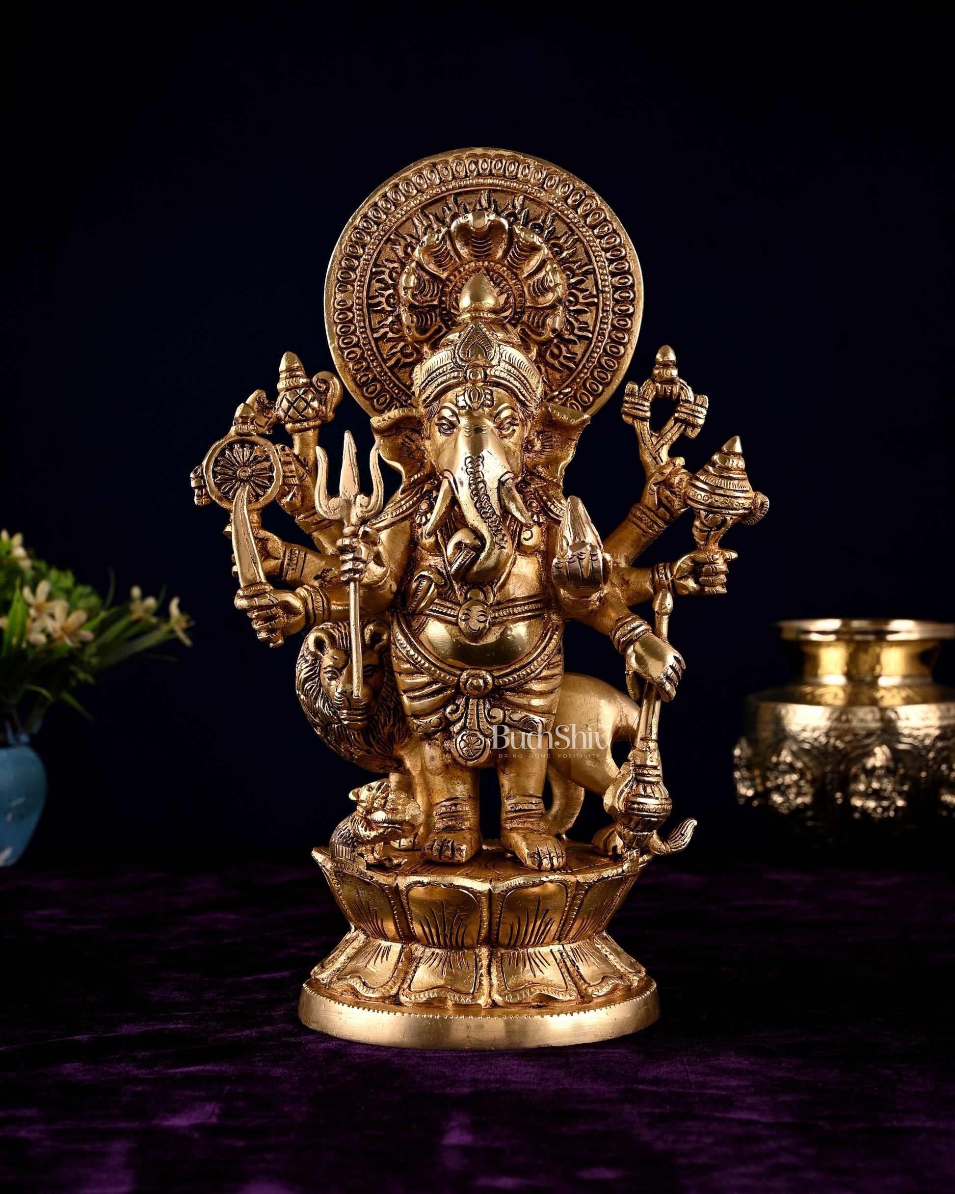 Brass Standing Kana Drishti Ganesha with Eight Arms and Lion 11.4 inch | 100% Certified Copper & Brass - Sama Homes Idol - Brass Sculpture - Eco-friendly - Sama Homes