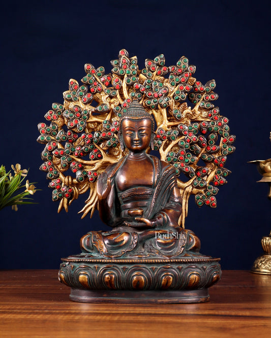 Pure Brass Vintage Buddha with Colorful Kalpavriksha Tree – 11" - Sama Homes Idol - Brass Sculpture