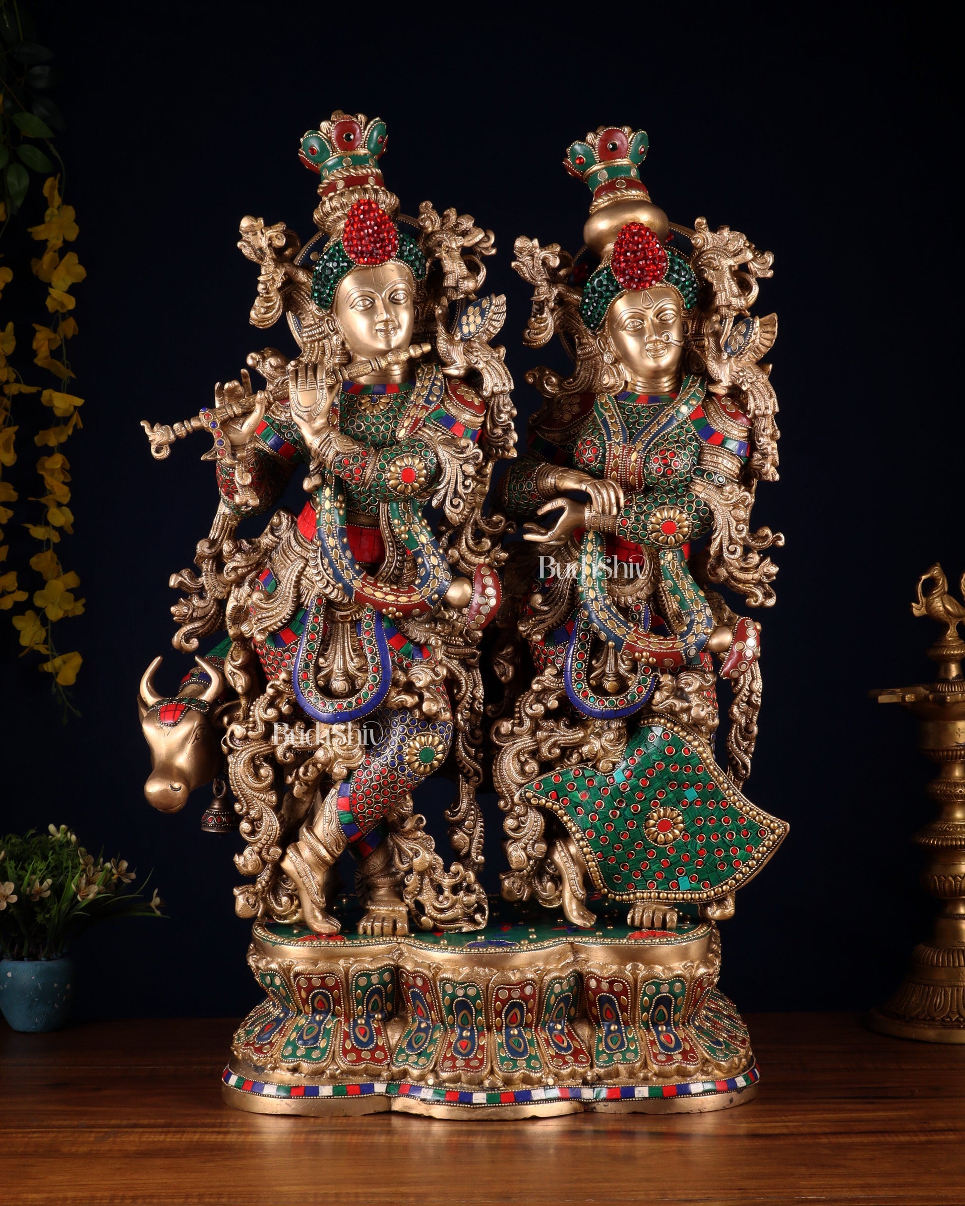 Superfine Brass Radha Krishna with cow Idol 29" - Sama Homes Idol - Brass Sculpture - Eco-friendly - Sama Homes