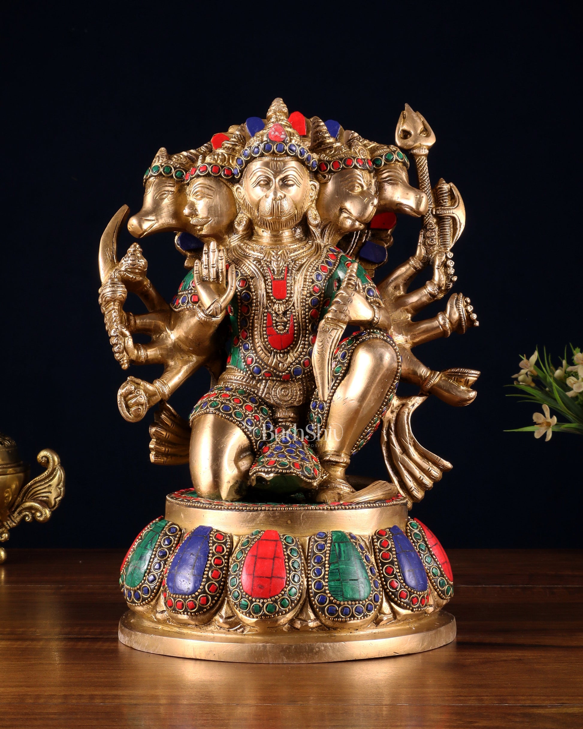 Brass Panchmukhi Hanuman idol 13" meenakari Stonework | 100% Certified Copper & Brass - Sama Homes Idol - Brass Sculpture - Eco-friendly - Sama Homes