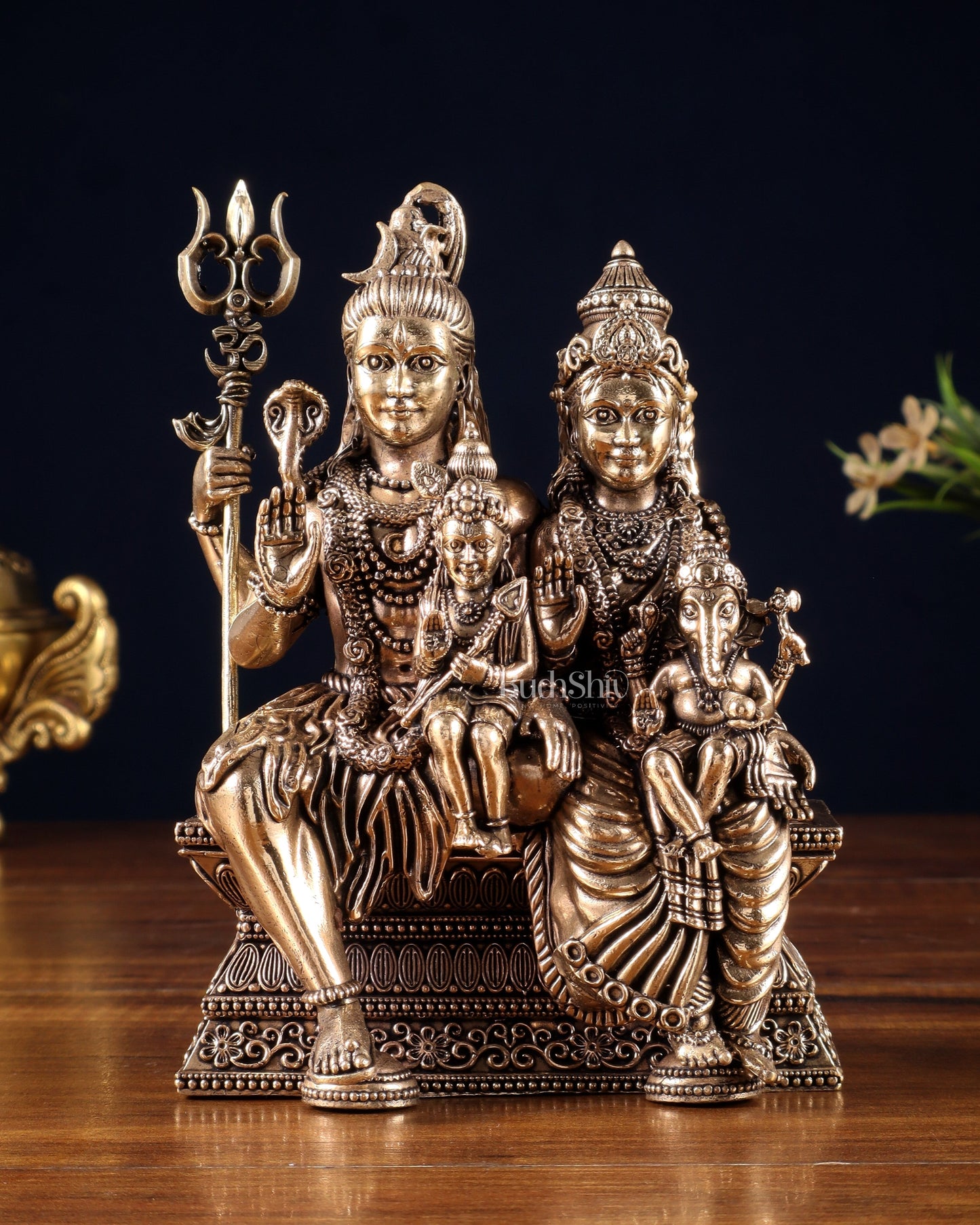 Brass Shiv Parivar Idol – 6" Superfine Carving | 100% Certified Copper & Brass - Sama Homes Idol - Brass Sculpture