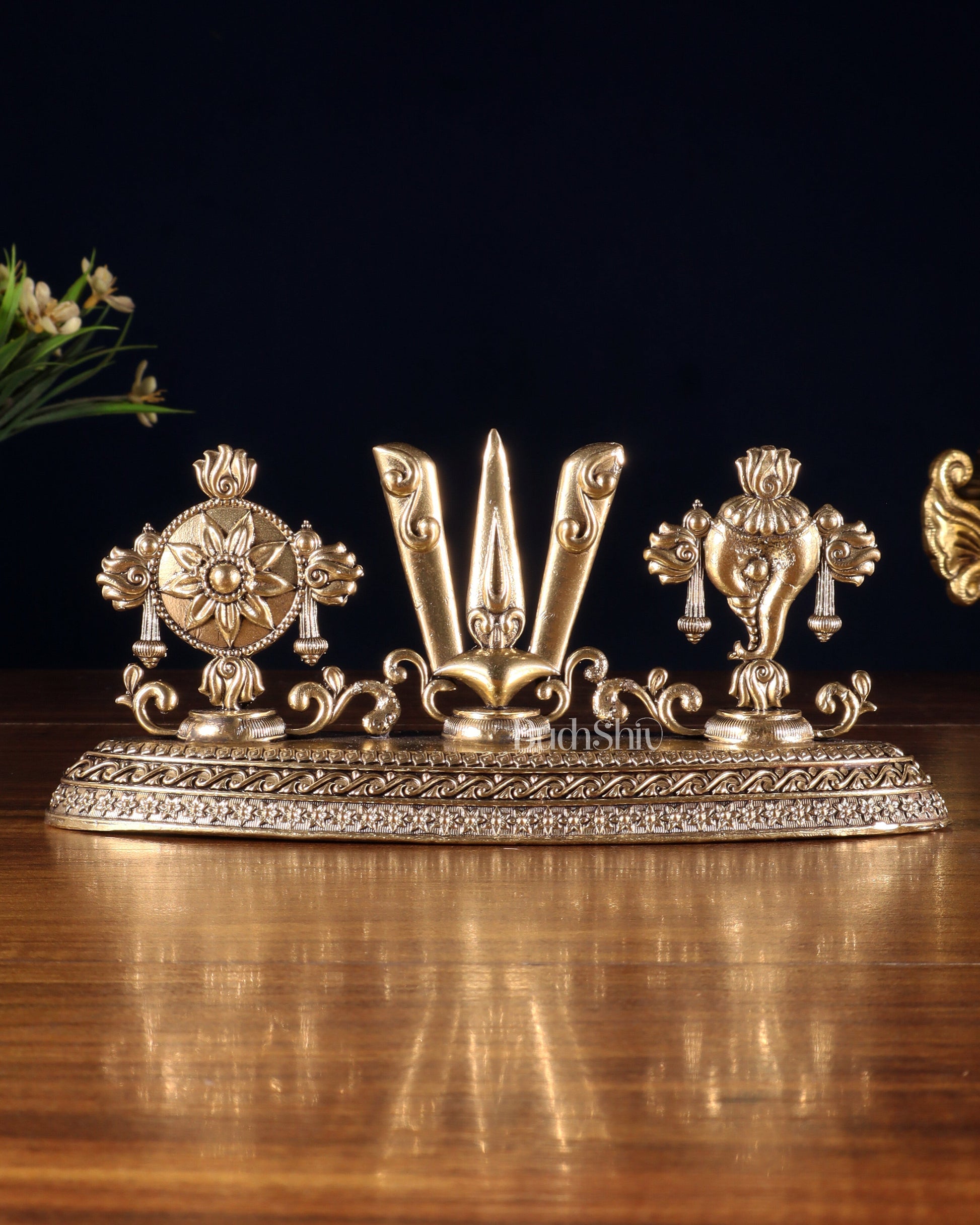 Pure Brass Shankh Chakra Namah Idol – 4" x 8" - Sama Homes Idol - Brass Sculpture - Eco-friendly - Sama Homes