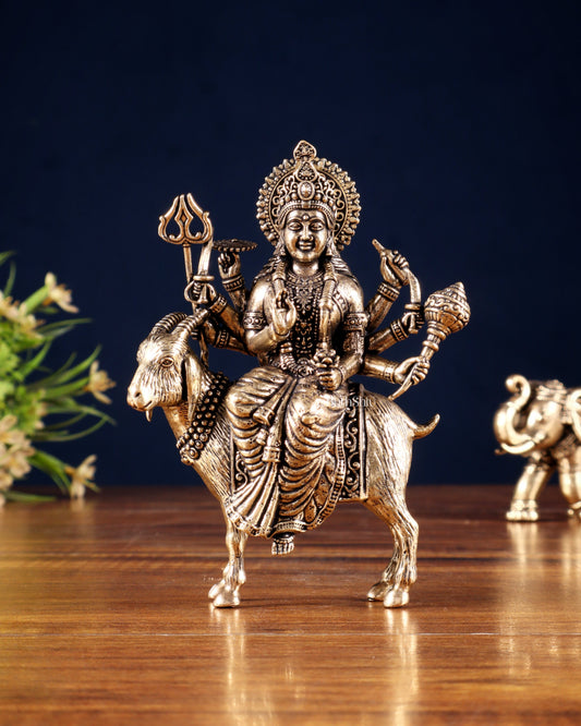 Pure Brass Meldi Mata idol seated on goat 5" - Sama Homes Idol - Brass Sculpture