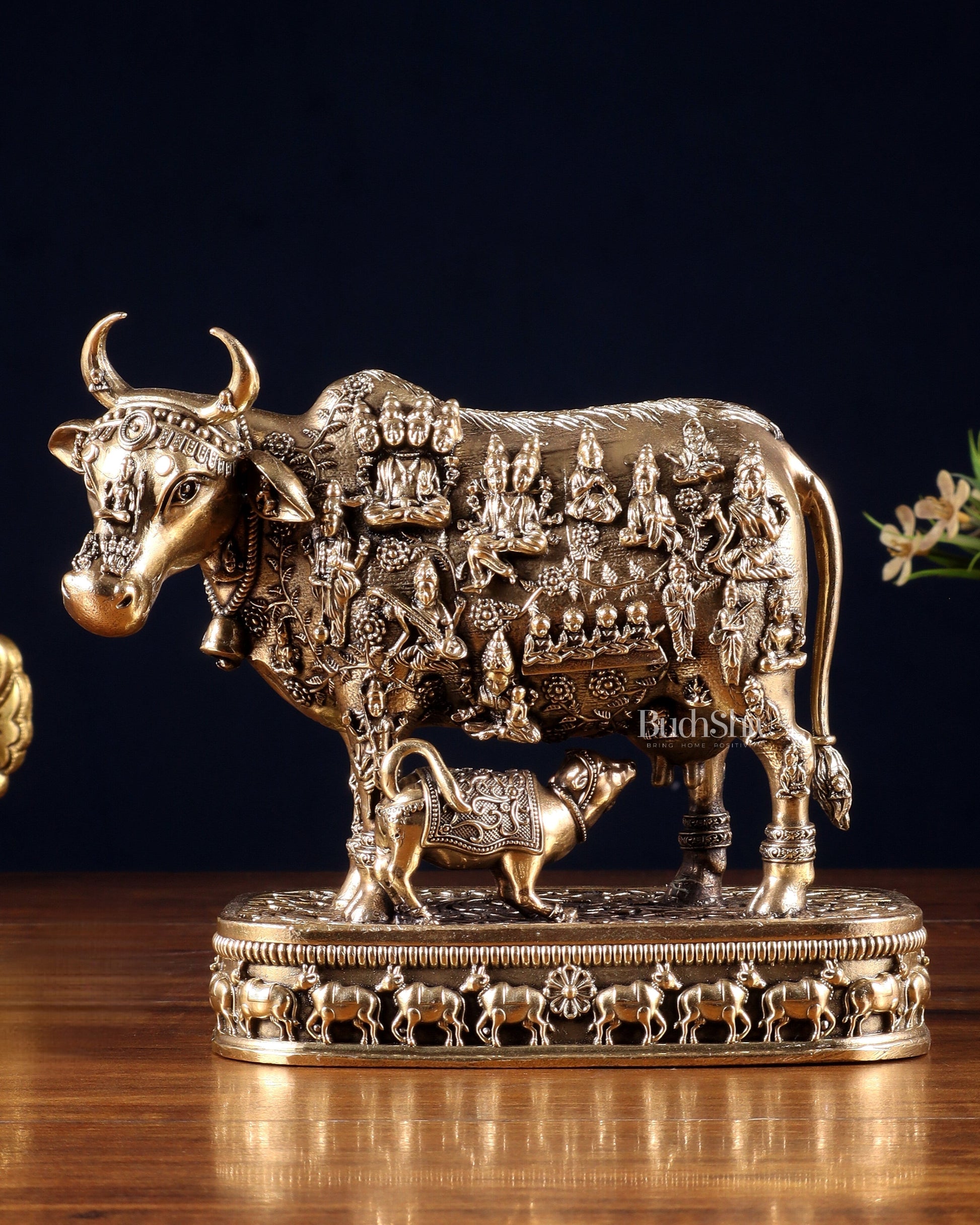 Brass Kamadhenu Cow with Calf – All Deities Engraved 7" - Eco-friendly - Sama Homes
