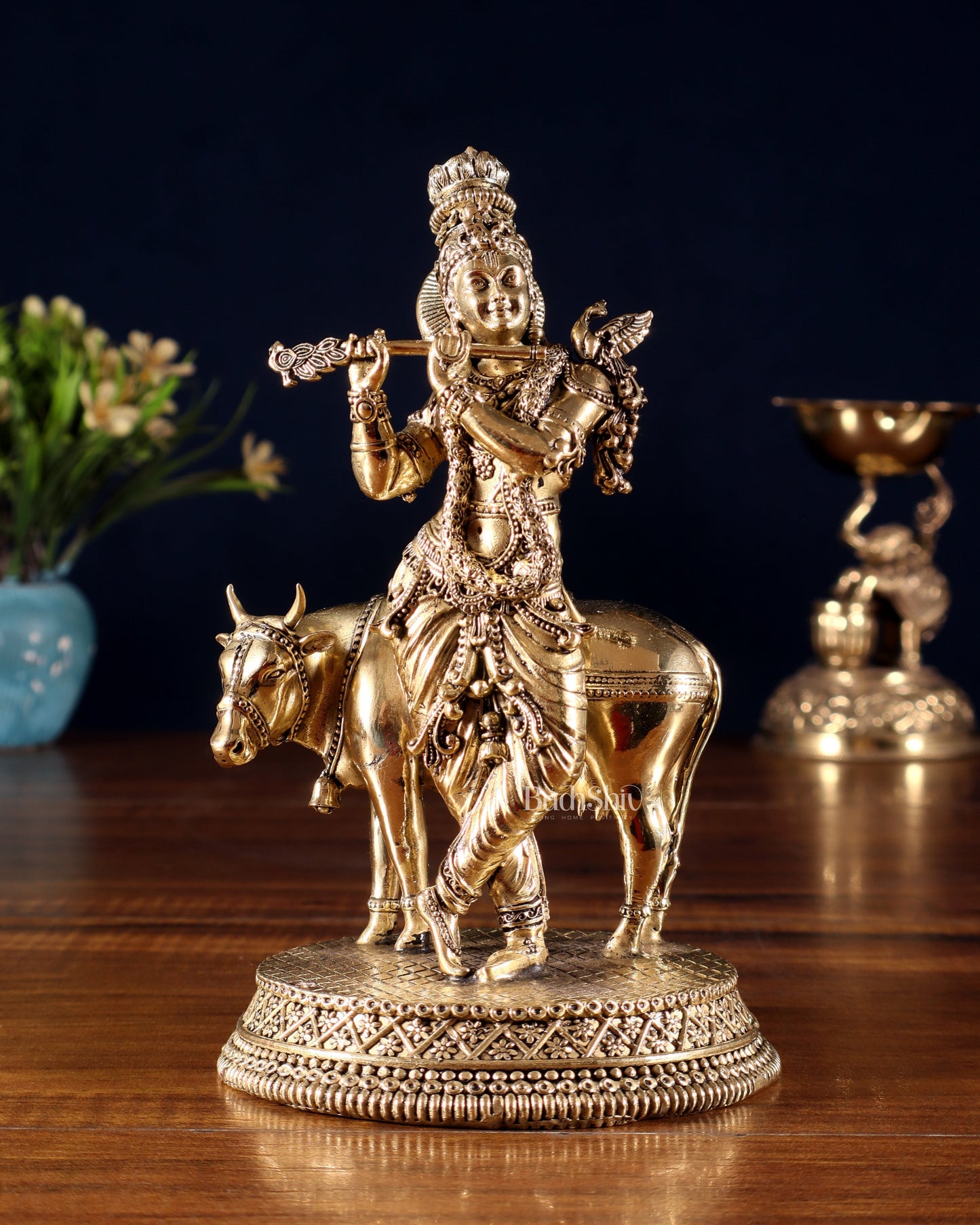 Superfine Brass Krishna with Cow idol - 7" - Sama Homes Idol - Brass Sculpture