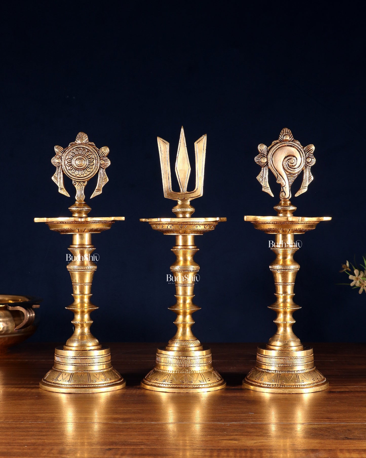 Brass Superfine 12-Inch Shankh, Chakra, Naama Oil Lamp Vilakku Diya | 100% Certified Copper & Brass - Sama Homes Idol - Brass Sculpture