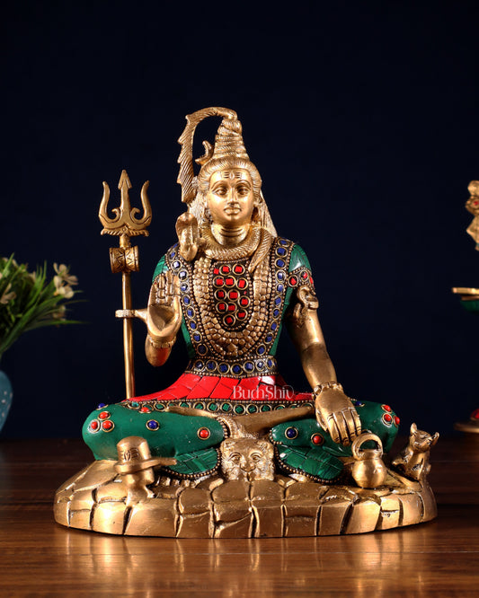Pure Brass Lord Shiva Statue | 9 Inch meenakari Stonework - Sama Homes Idol - Brass Sculpture