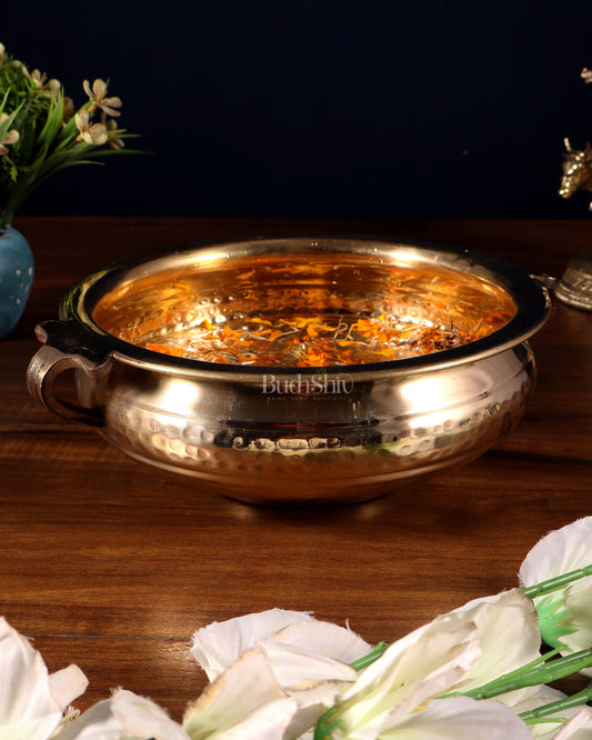 Pure brass handcrafted urli with hammered finish and side handles – Sama Homes