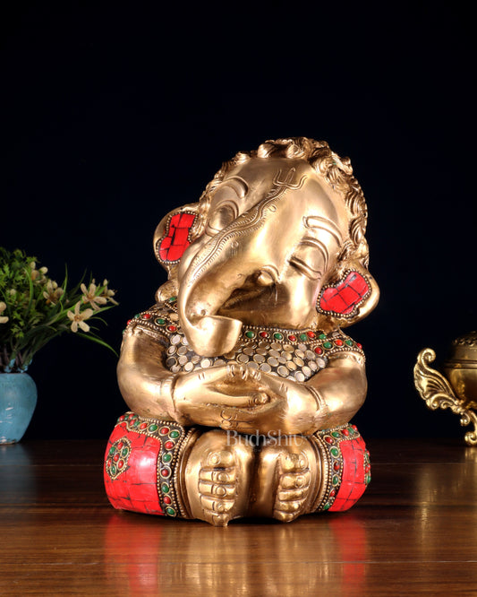 Pure Brass Baby Ganesha in Meditation with Natural Stones – 9" - Sama Homes Idol - Brass Sculpture