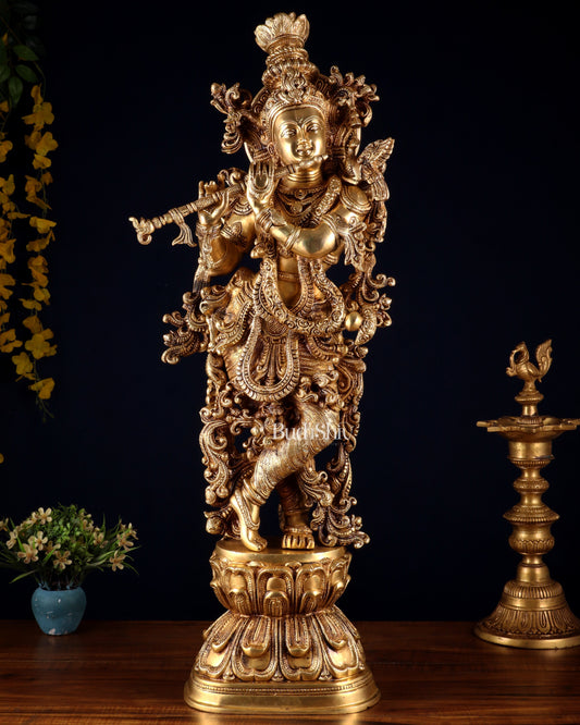 Brass Superfine Krishna Statue - 30" Original - Sama Homes Idol - Brass Sculpture