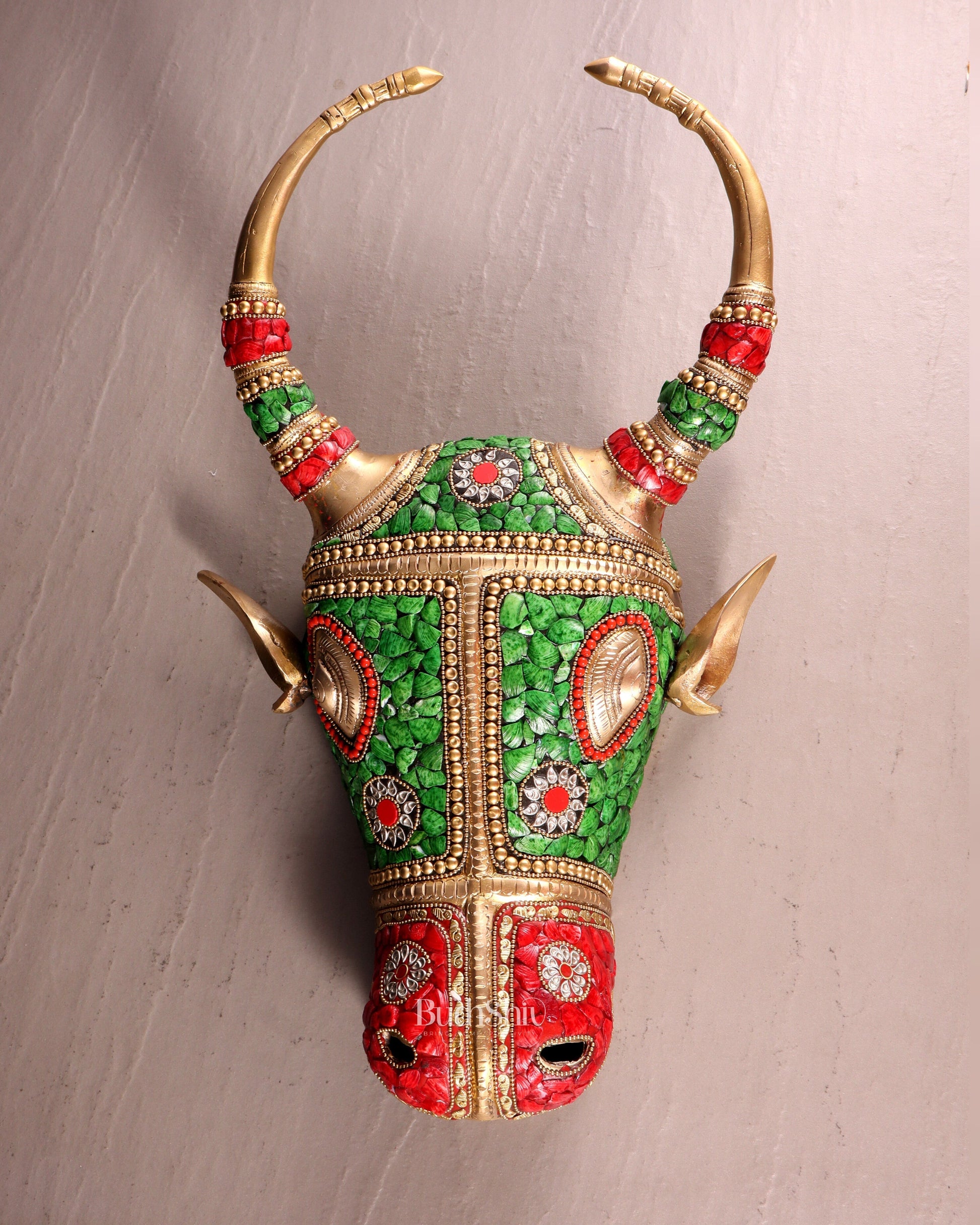 Pure Brass bull Face Wall Hanging with Meenakari Stonework – 18.5” | 5.5 kg - Sama Homes Idol - Brass Sculpture - Eco-friendly - Sama Homes