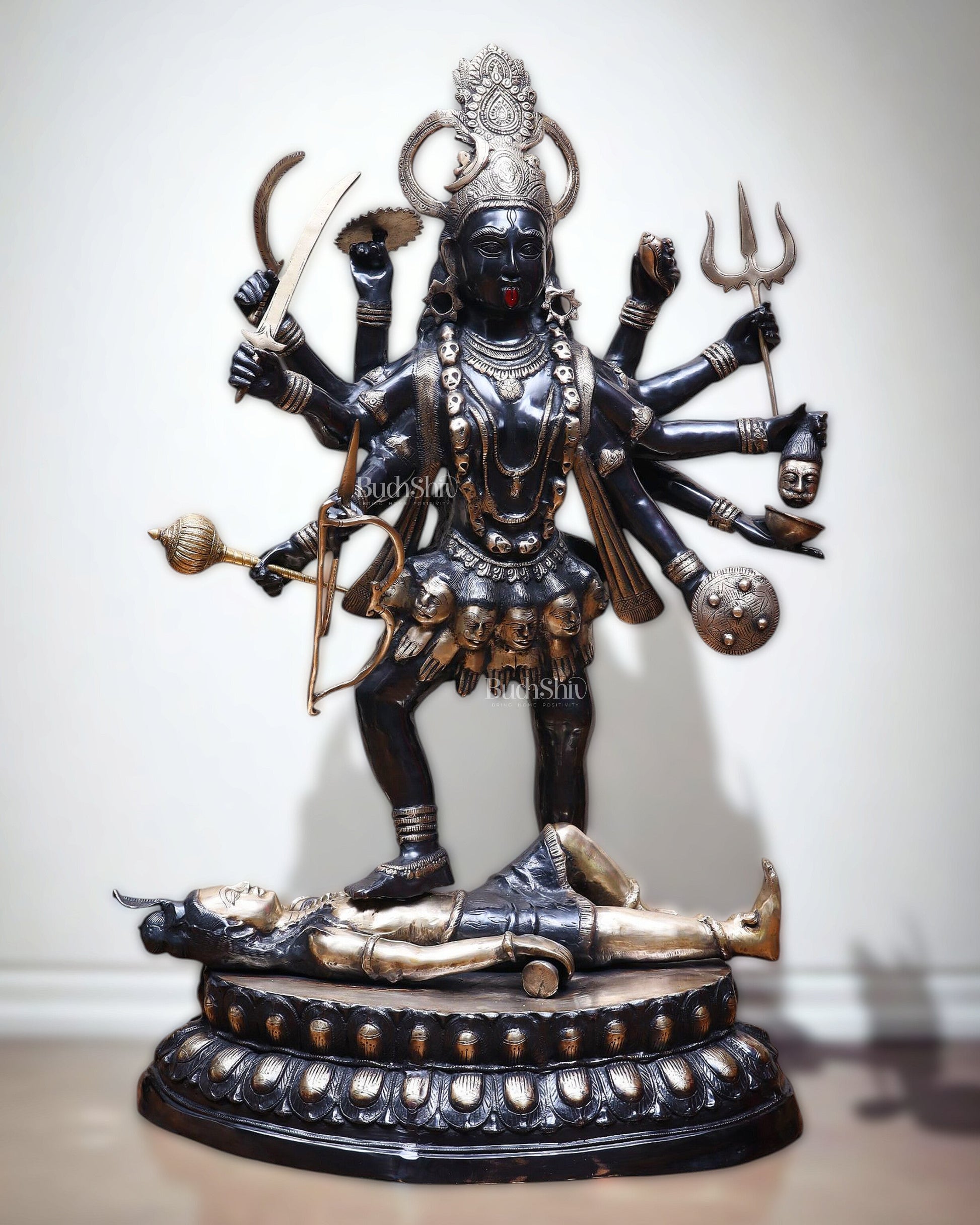 Pure Brass Goddess Kali Dashabhuja (10 Arms) Statue – 43" Black Edition | 64 kg - Sama Homes Idol - Brass Sculpture - Eco-friendly - Sama Homes