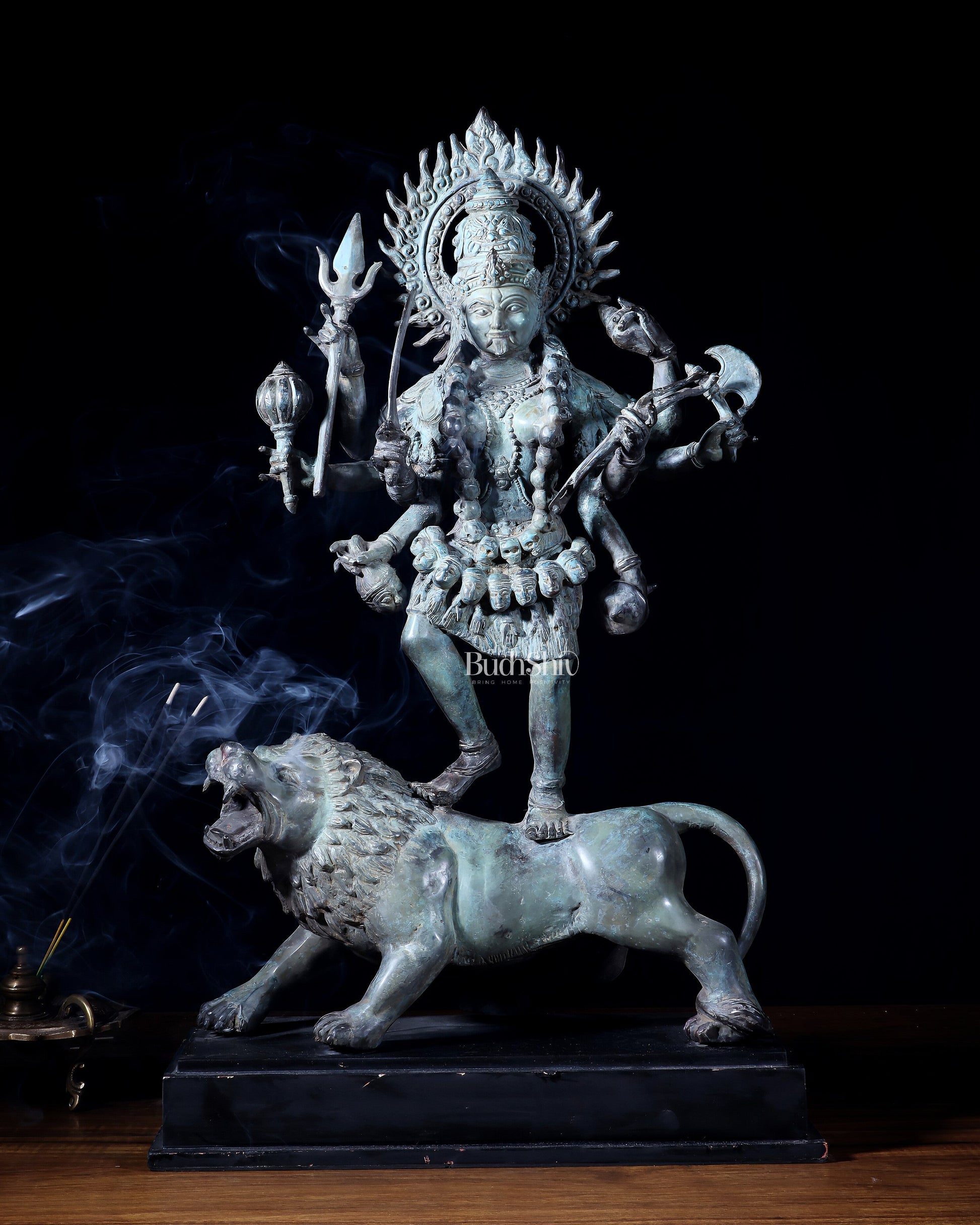 Indonesian Bronze Kali Standing on Lion – 21.2" Bronze Statue - Eco-friendly - Sama Homes