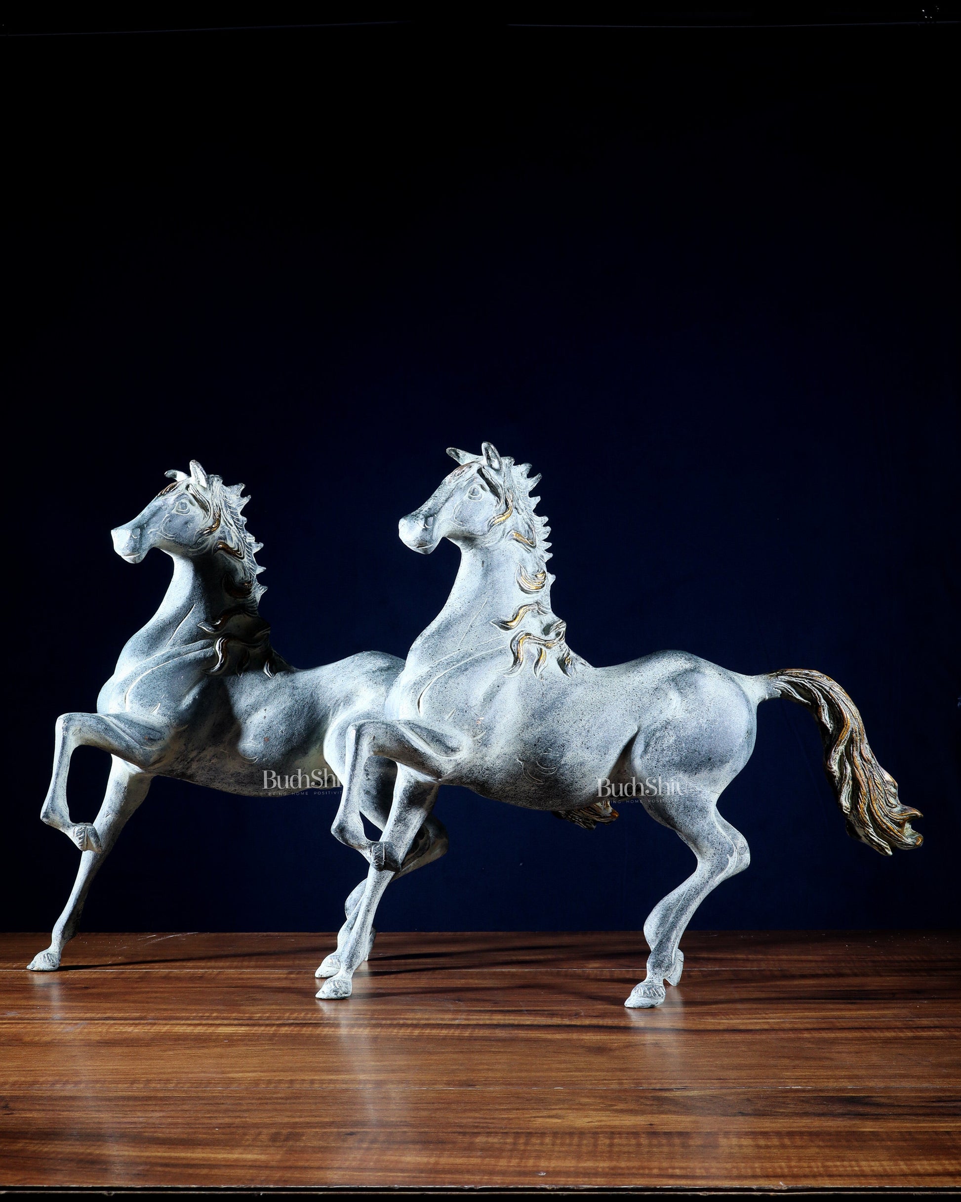 Pair of Pure Brass Galloping Horse Statues – Sand Finish | Feng Shui Symbol of Victory and Progress | 15.35" H - Eco-friendly - Sama Homes