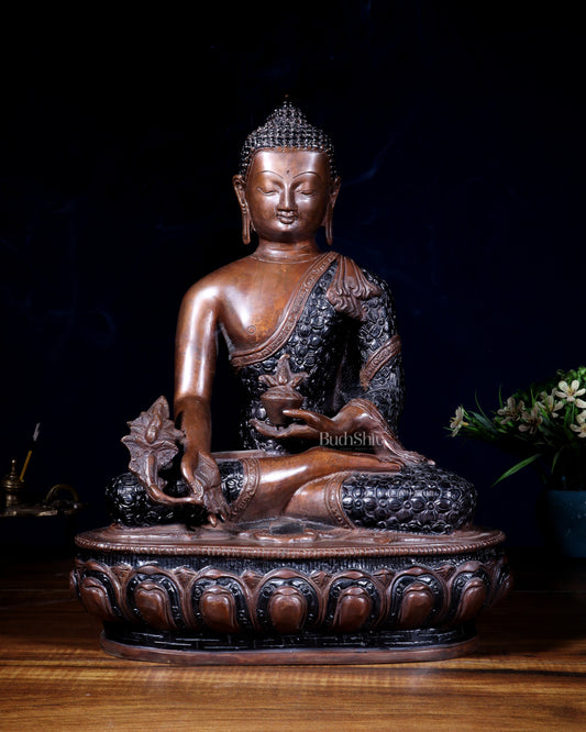 Pure Brass Tibetan Buddha medicine Statue - 13.5" Height - Sama Homes Idol - Brass Sculpture