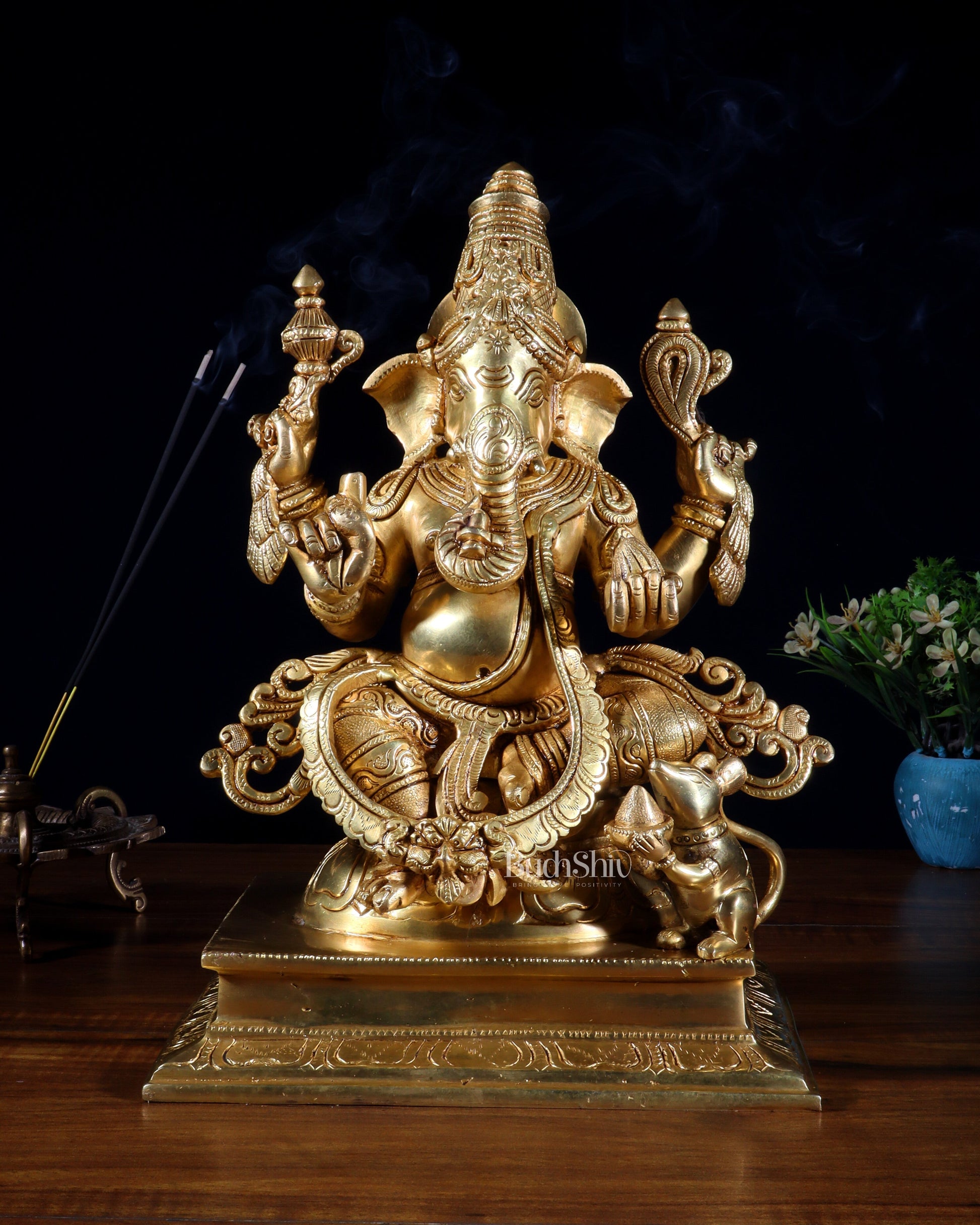 Pure Brass Dakshinabhimukhi Ganapati Statue 13" right side trunk ganesha idol valampuri - Sama Homes Idol - Brass Sculpture - Eco-friendly - Sama Homes