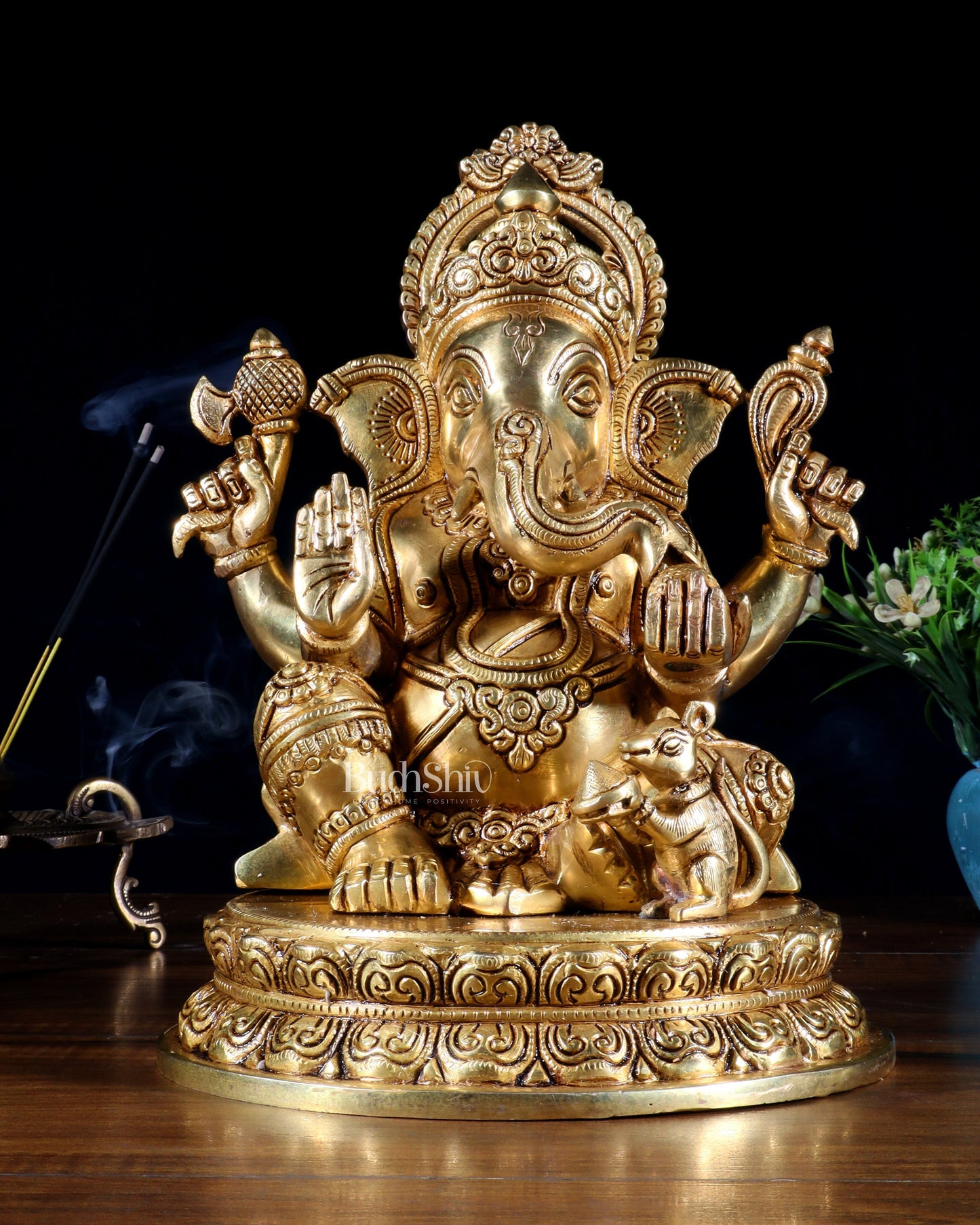 Pure Brass Lord Ganesha Statue with Enhanced Carvings – 11” - Sama Homes Idol - Brass Sculpture
