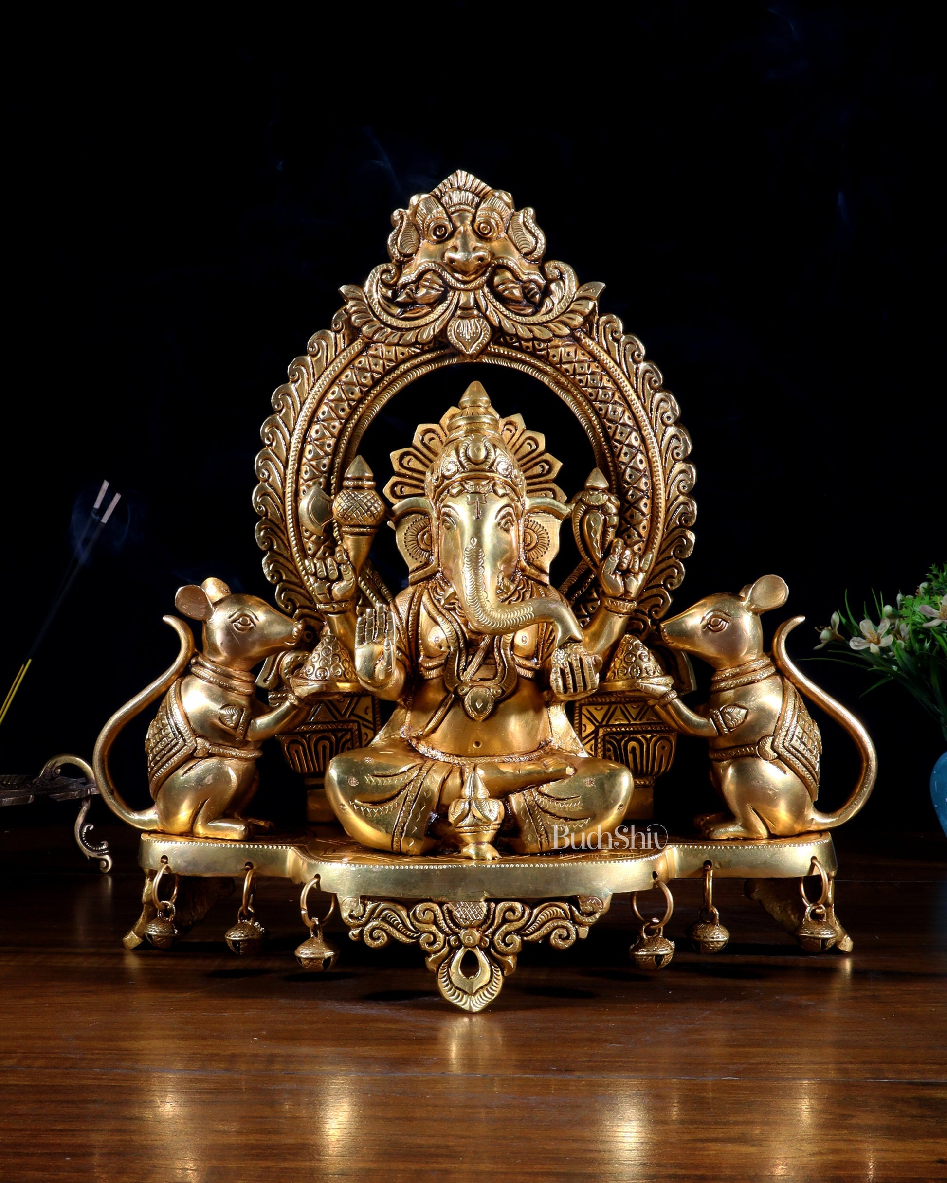 Pure Brass Lord Ganesha Idol with Dual Rats | 12” - Sama Homes Idol - Brass Sculpture - Eco-friendly - Sama Homes