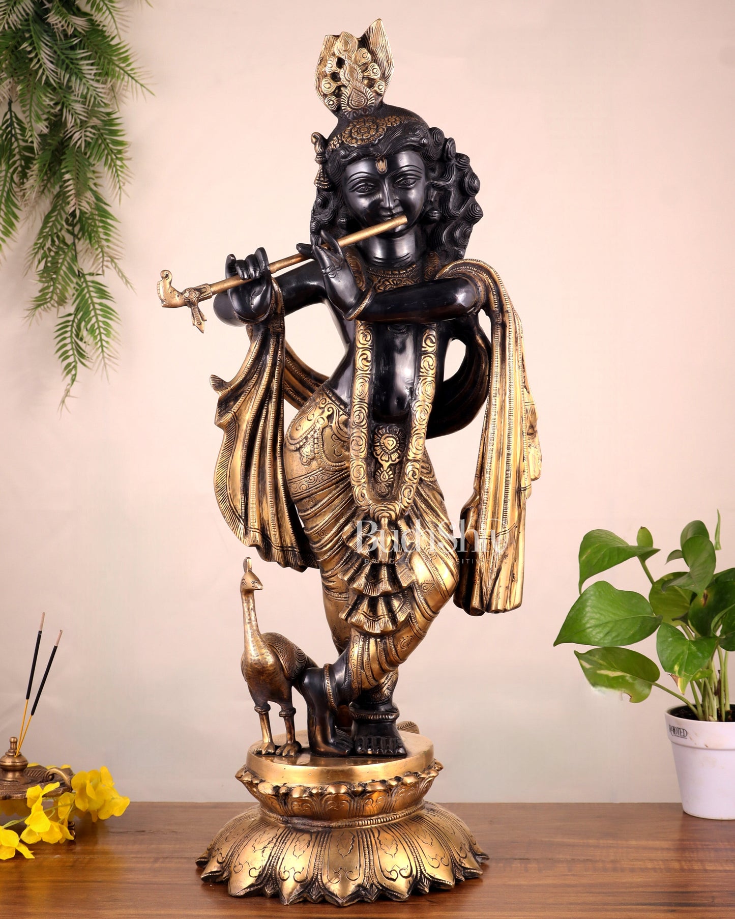Pure Brass Krishna Statue – 27" Black - Sama Homes Idol - Brass Sculpture