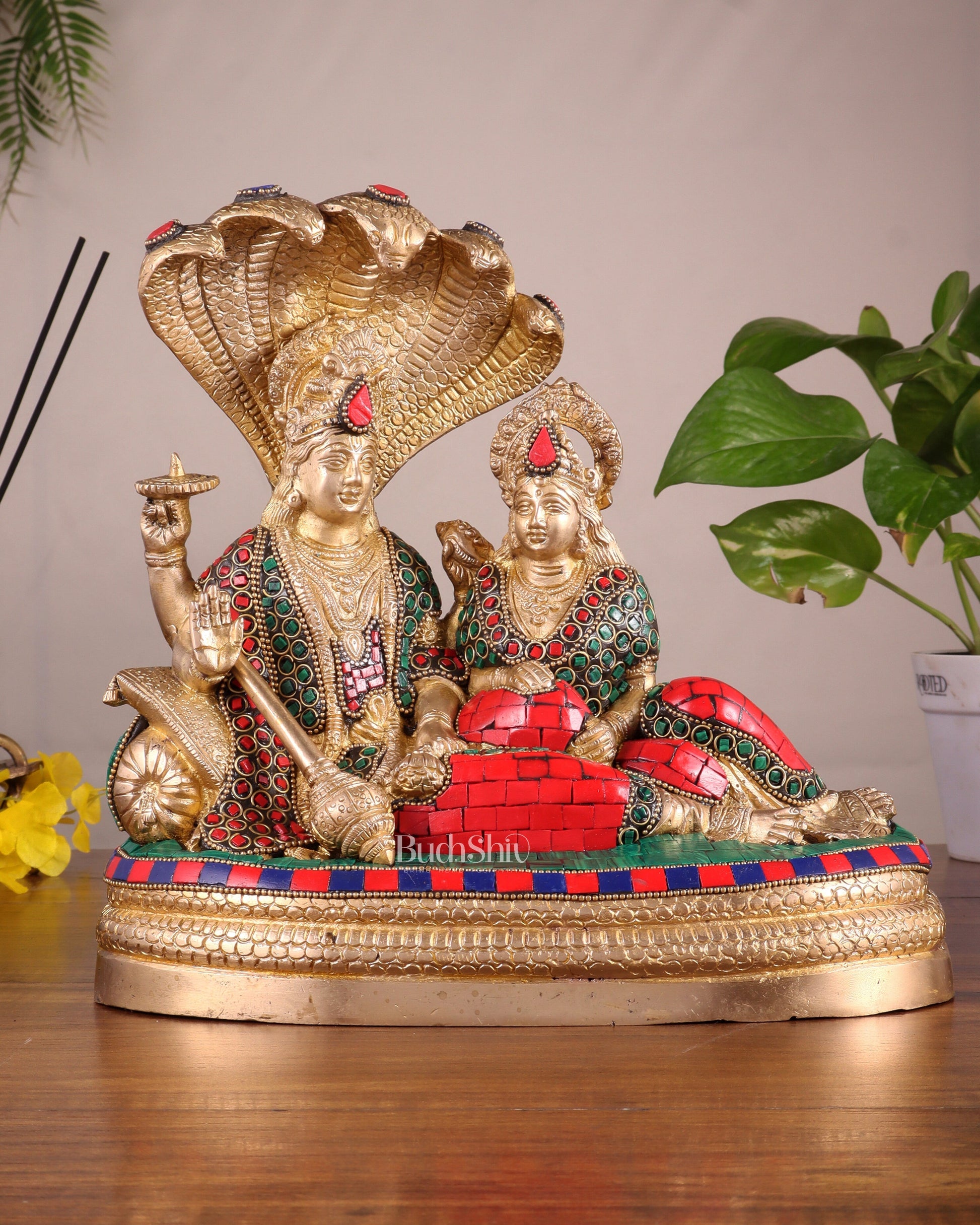 Pure Brass Lakshmi Narayan Resting on Sheshanaag Idol 10" with stonework - Sama Homes Idol - Brass Sculpture - Eco-friendly - Sama Homes